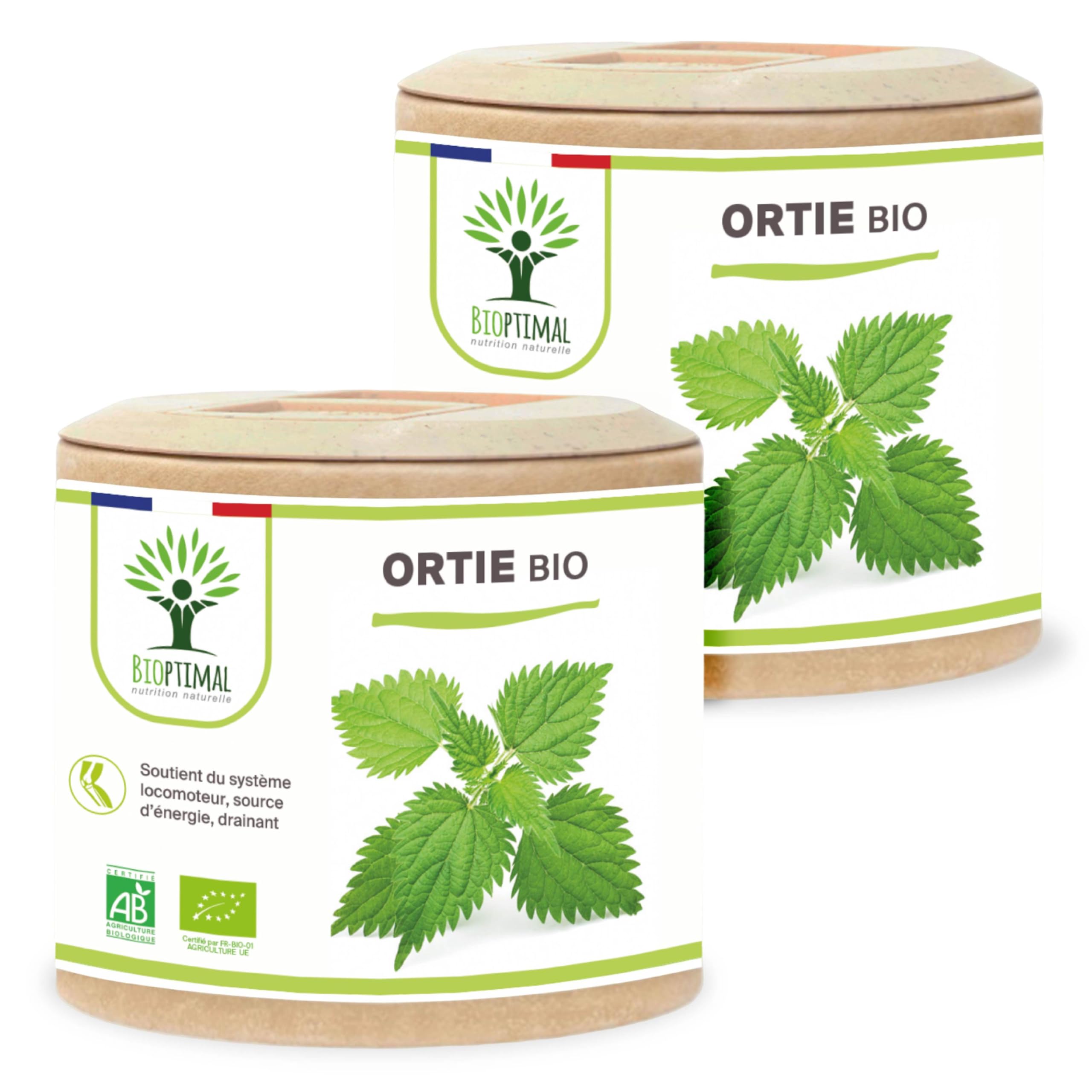 Ortie Bio - Bioptimal - Complément Alimentaire - Silicium Organique - Poudre de Feuille Ortie Pure - Articulation Peau Circulation - 250 mg/​gélule - Cultivé en France - Certifié Ecocert - 2x60 gélules