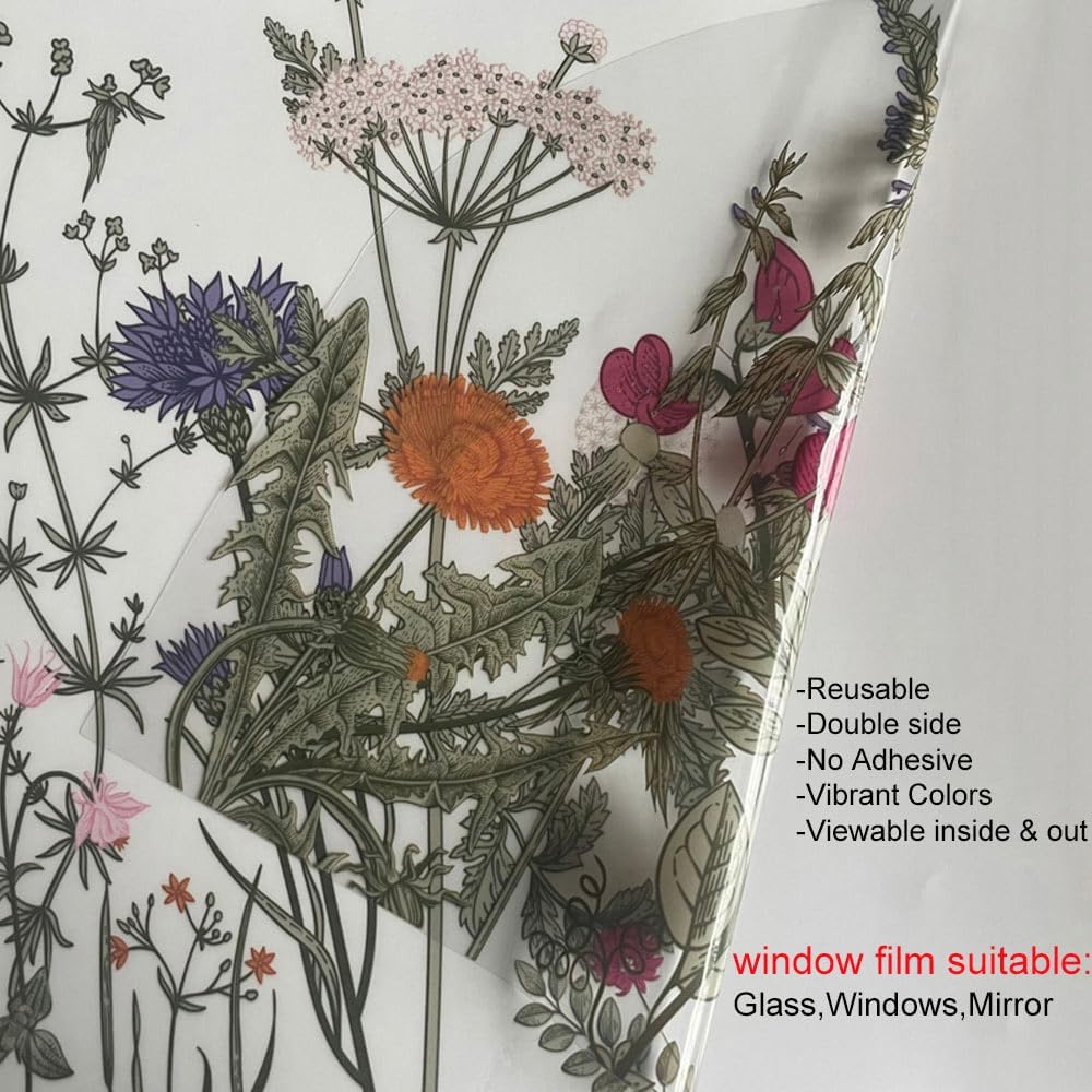 Wild Flowers Spring Window Sticker Double-Side Botanical Window Film,Colorful Static Cling DIY Removable for Home Window Mirror Door Glass Room Decor