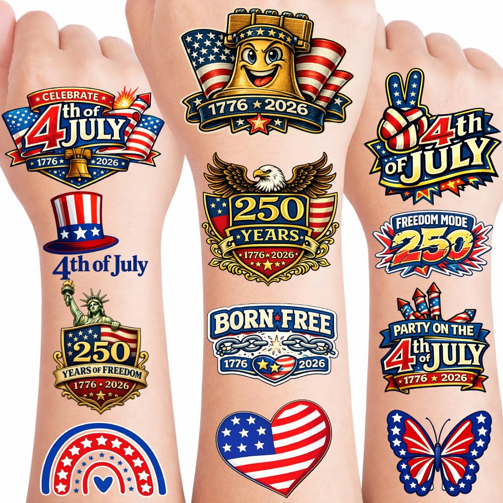 250th Anniversary Temporary Tattoos - 60PCS 4th of July - Patriotic USA 1776–2026 Birthday Tattoos for Adults & Teens, Fourth of July Independence Day