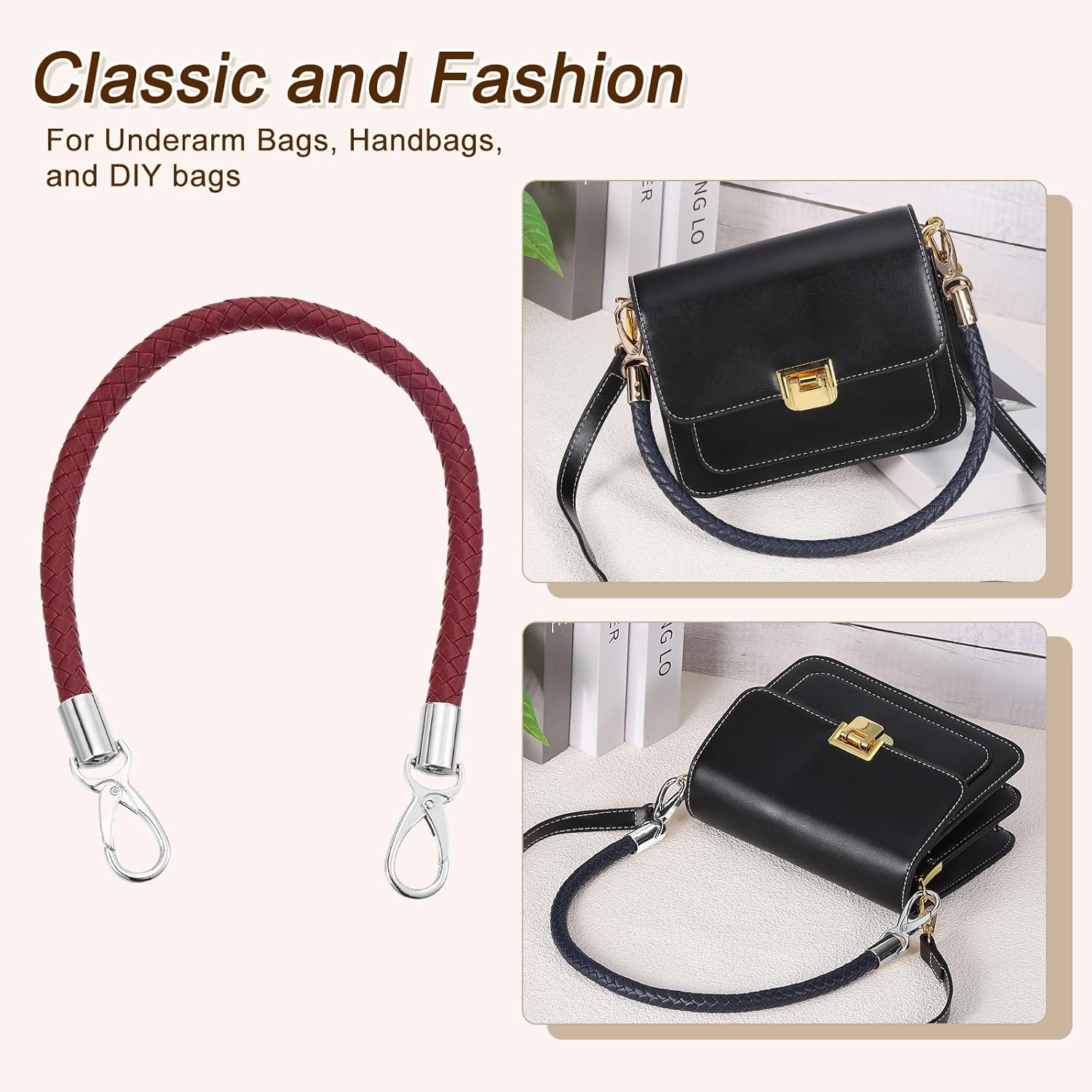 uxcell Leather Purse Strap, 1Pc 50cm/19.69" Short Leather PU Braided Purse Replacement Handle with Metal Buckles for Underarm Bags, Handbags (Dark Red Strap + Silver Clasp) - Image 4
