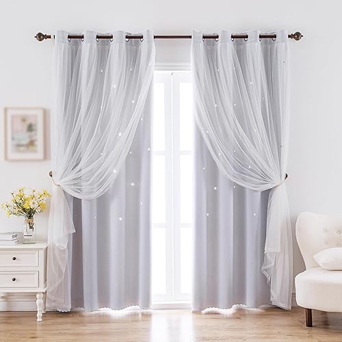 indistar Star Cutout Kids Window Blackout Curtains for Girl Bedroom Window Room Darkening Curtains & Drapes Baby Nursery Curtains (2 Panel,52Wx84L inch,Greyish White)