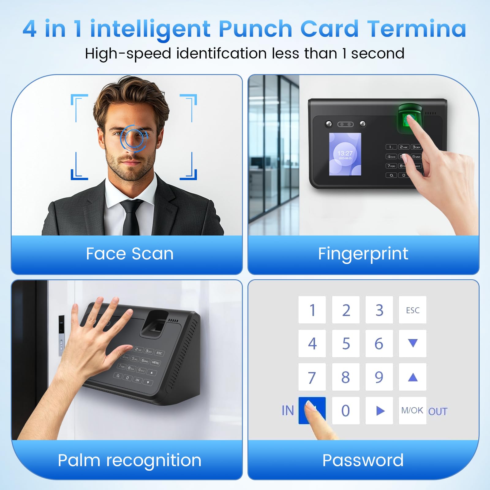 Dispositivo di rilevamento del tempo per piccolo, 4 in 1 biometrico con viso, impronte digitali, vena e pin, senza costi mensili, esportazione dati USB senza software