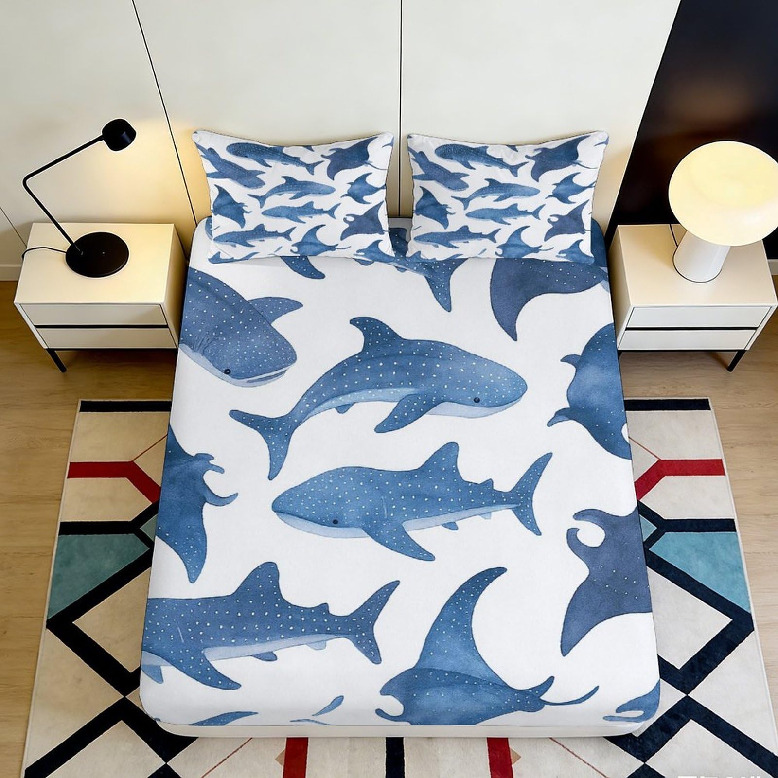 3D Printed Blue Shark Fitted Sheet Microfiber Soft Mattress Cover for Bedroom Guest Room Dorm Decor Easy Care 90x200x25cm