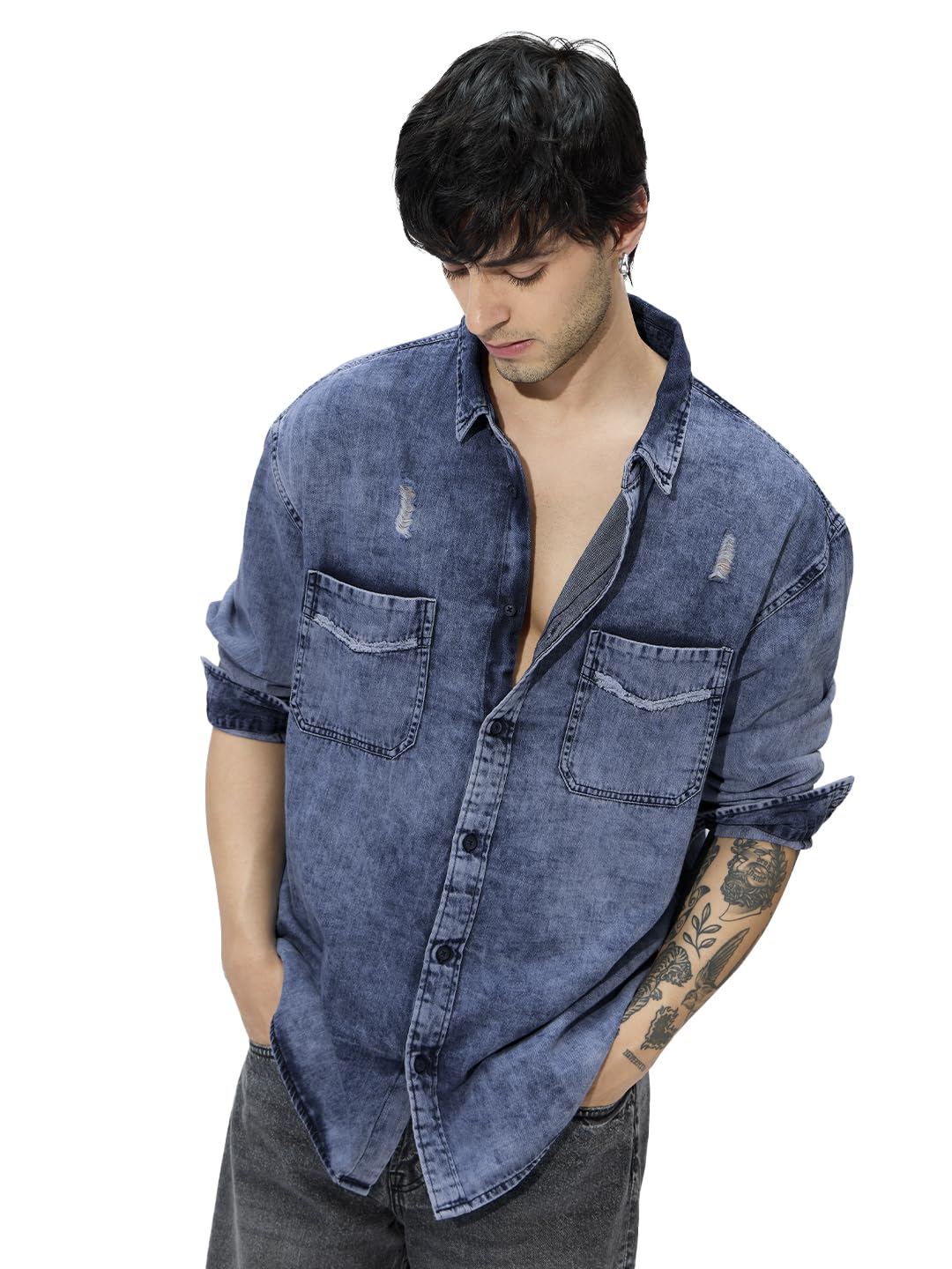 The Souled Store Classic Denim Shirt: Blue Men and Boys Long Sleeves Collared Neck Button Front Cotton Relaxed Fit Denim Shirts in blue