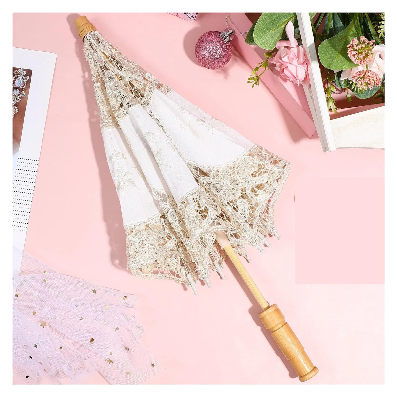 Hochzeit Spitzen-Sonnenschirm Spitze Baumwollschirm Beige Holz H faltbar gemacht Fotografie Requisite Hochzeit Braut Sonnenschirm Stickerei Dekoartikel für Fotografie, Hochzeitsdekoration