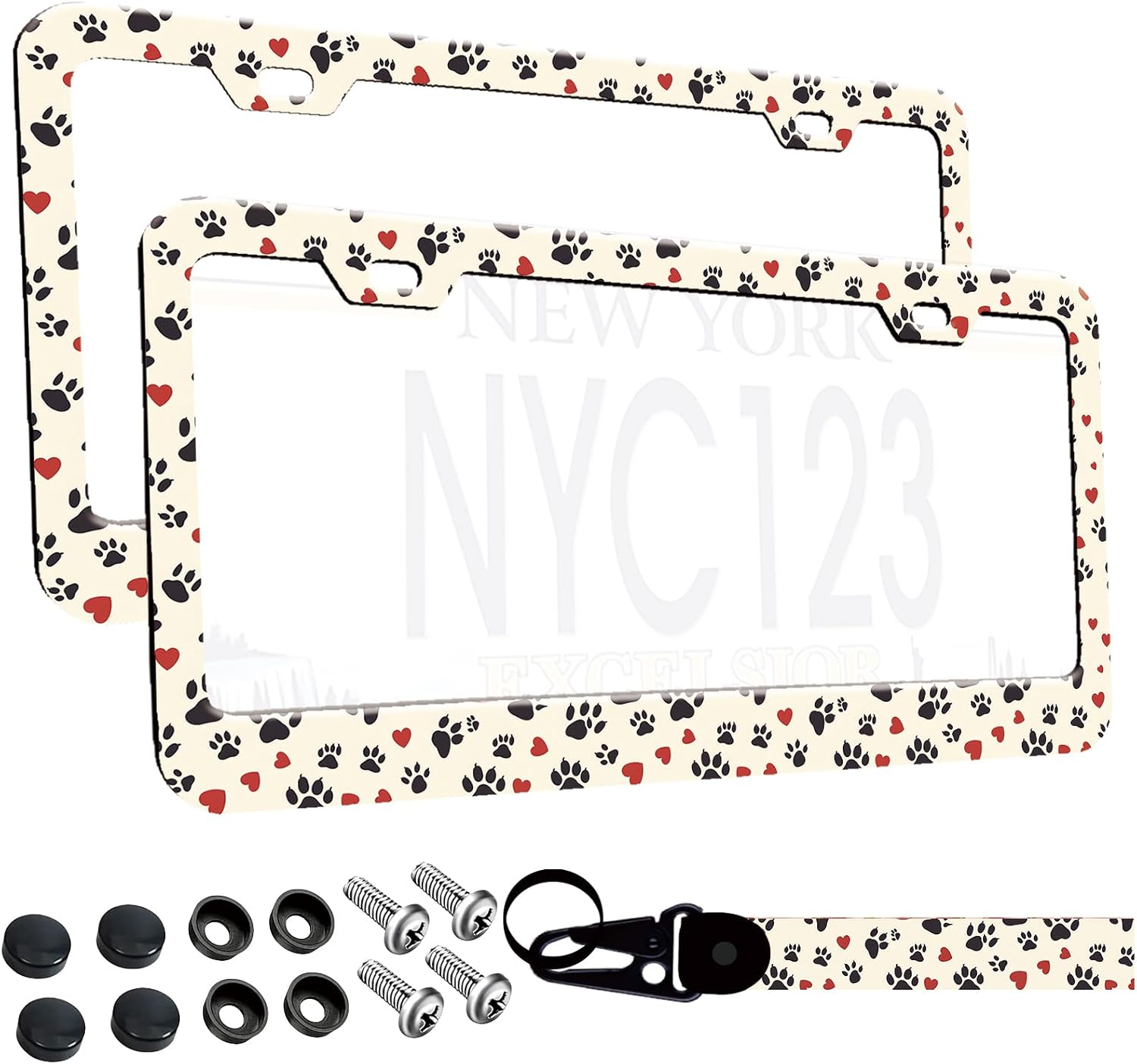 2-Pack Paw Print License Plate Frame, Pink Heart 2-Hole