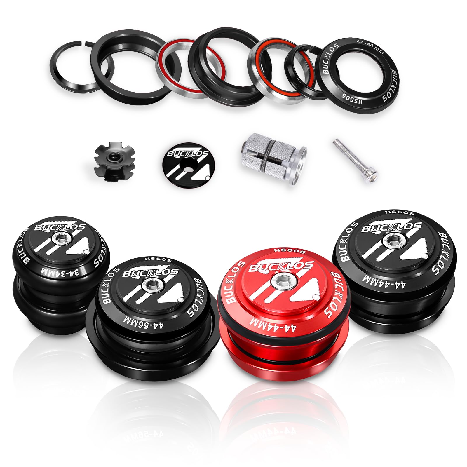 1-1/8 Bike Headset MTB Threadless 34 44 44-56 mm, Straight Tapered Tube Mountain Bikes Road Bicycle Double Sealed Bearings Headsets, for Frame Fork Expander Plug Star Nut