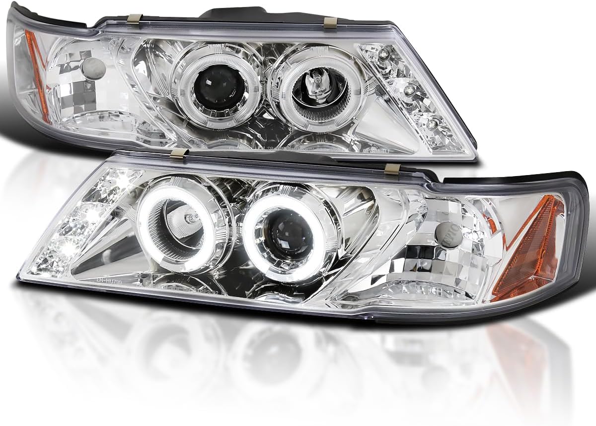 SPEC-D TUNING Halo LED Chrome Housing Clear Lens Projector Headlights Compatible with 1995-1999 Nissan Sentra, 1995-1999 Nissan 200SX, Left + Right Pair Headlamps Assembly