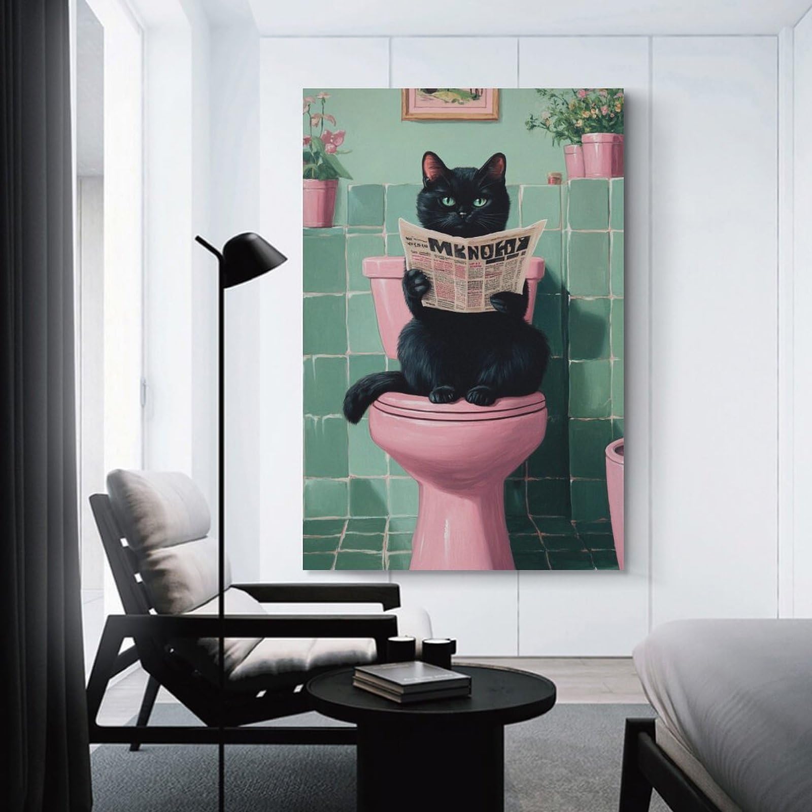 Junmoney Black Cat Reading Newspaper Home Decor Wall Art, 20x30inch(50x75cm), for Wall Displays, Bedrooms Or Room Updates, Ideal for Building A Coordinated Art Wall