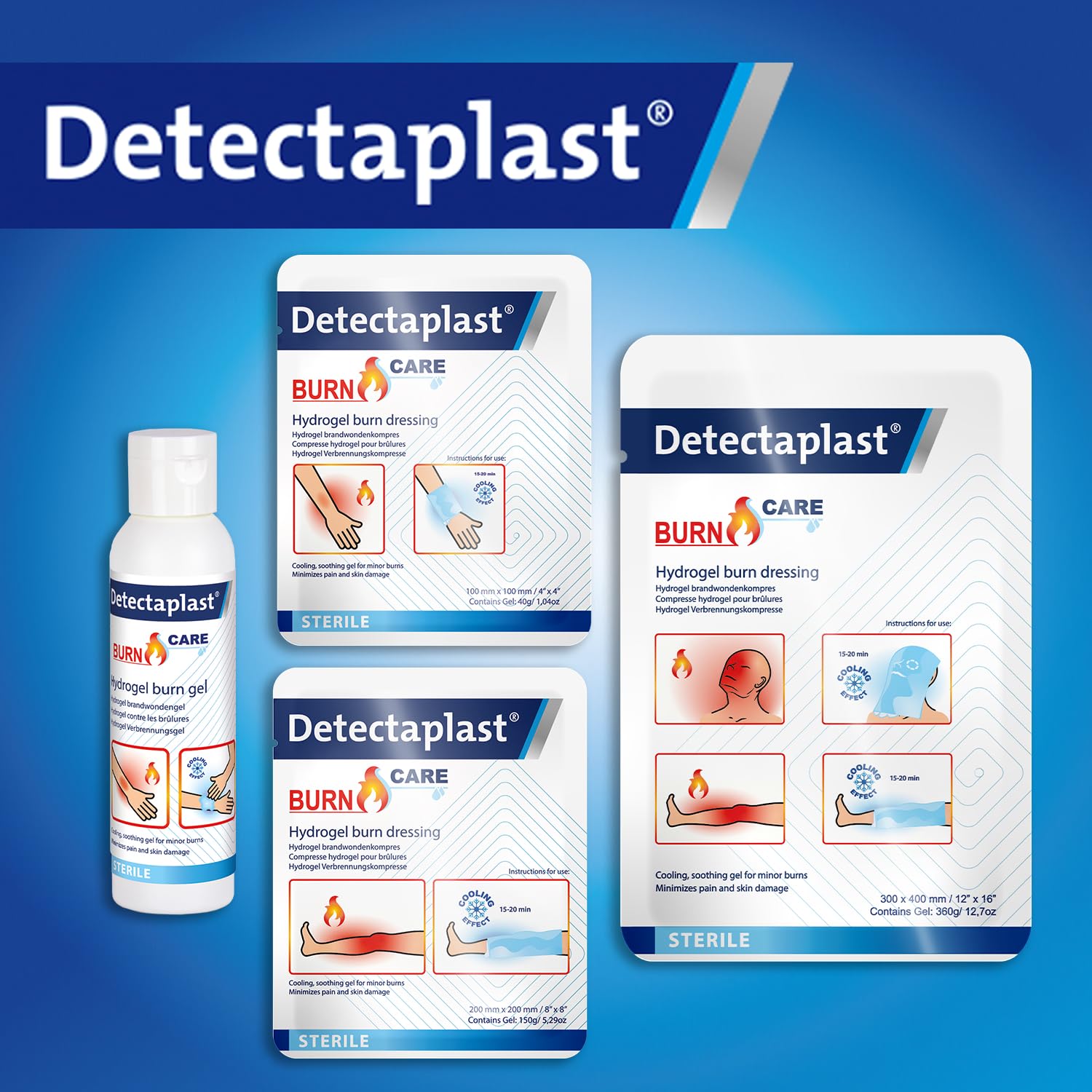 Detectaplast Kit de quemaduras con compresas para quemaduras, gel para heridas, vendajes, guantes, compresas estériles de hidrogel y ungüento para quemaduras – Set de quemaduras