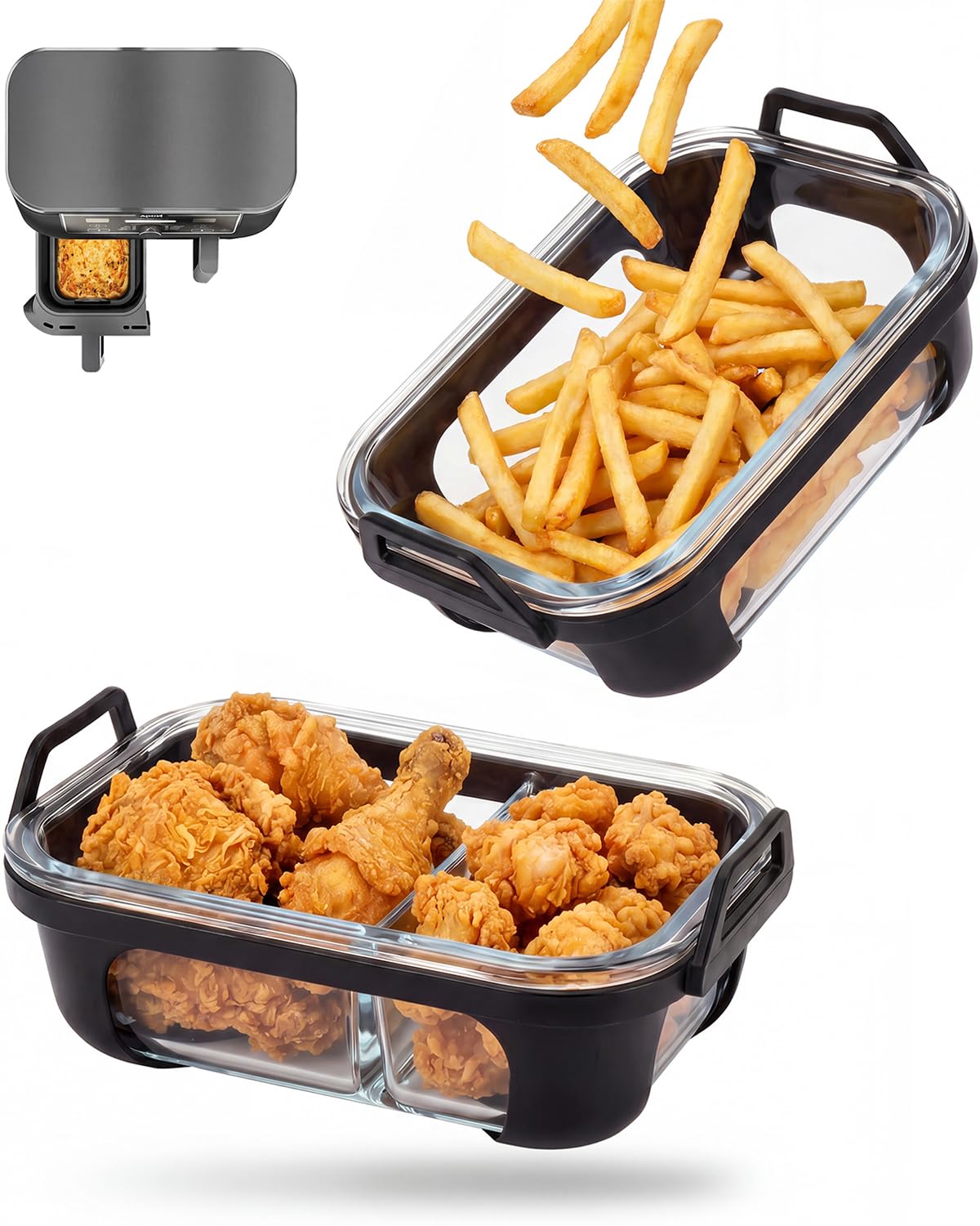 2 Pcs Bandeja Horno Cristal para NINJA/COSORI/PHILIPS Accesorios Airfryer | Vidrio, Sin BPA, 2 Compartimentos, Anillo De Silicona Extraíble, Resistente a Los Arañazos, Para AF400EU/DZ400EU/AF500EU