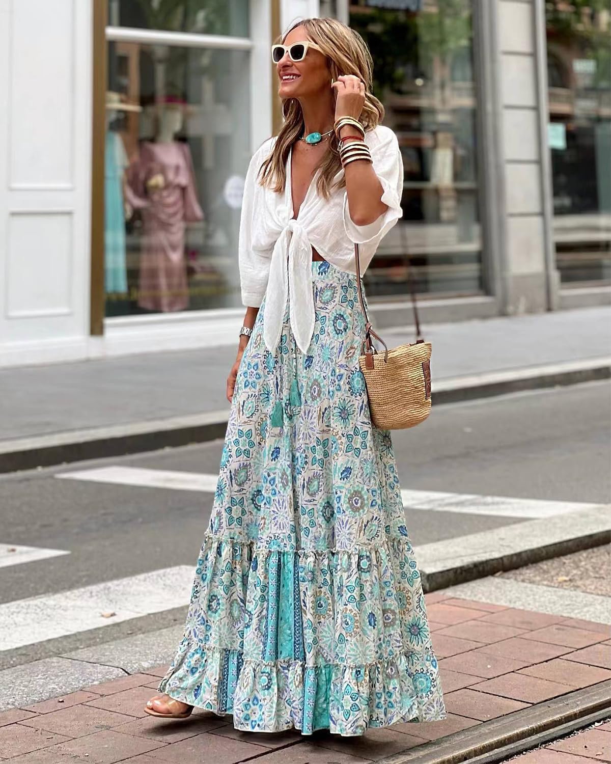 LIAMERHE Jupe Longue Femme d'été Maxi Jupe Bohème Ligne A Taille Haute Élastique Jupes Imprimé Jupe de Plage Jupe de Loisirs Décontractée Chic