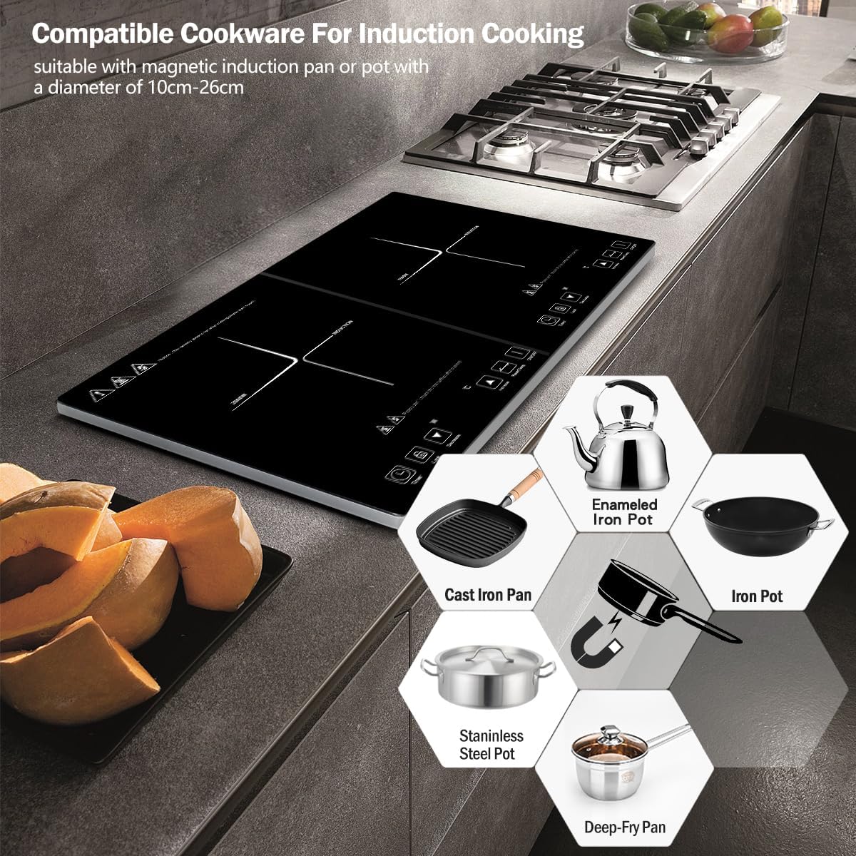 Diagram showing various types of induction-compatible cookware