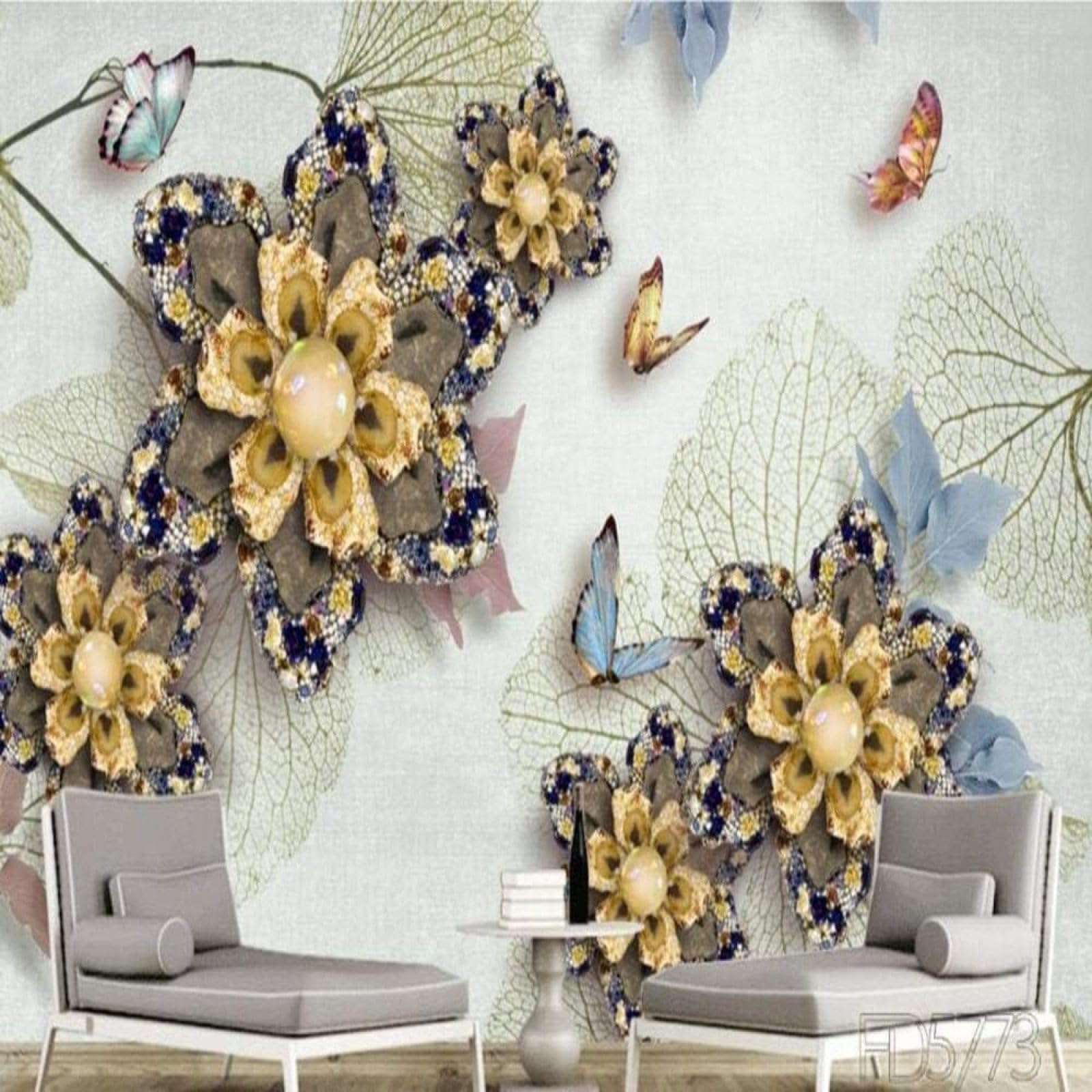 Papel pintado 3D flores y mariposas con relieve de seda para salon 200x140 cm