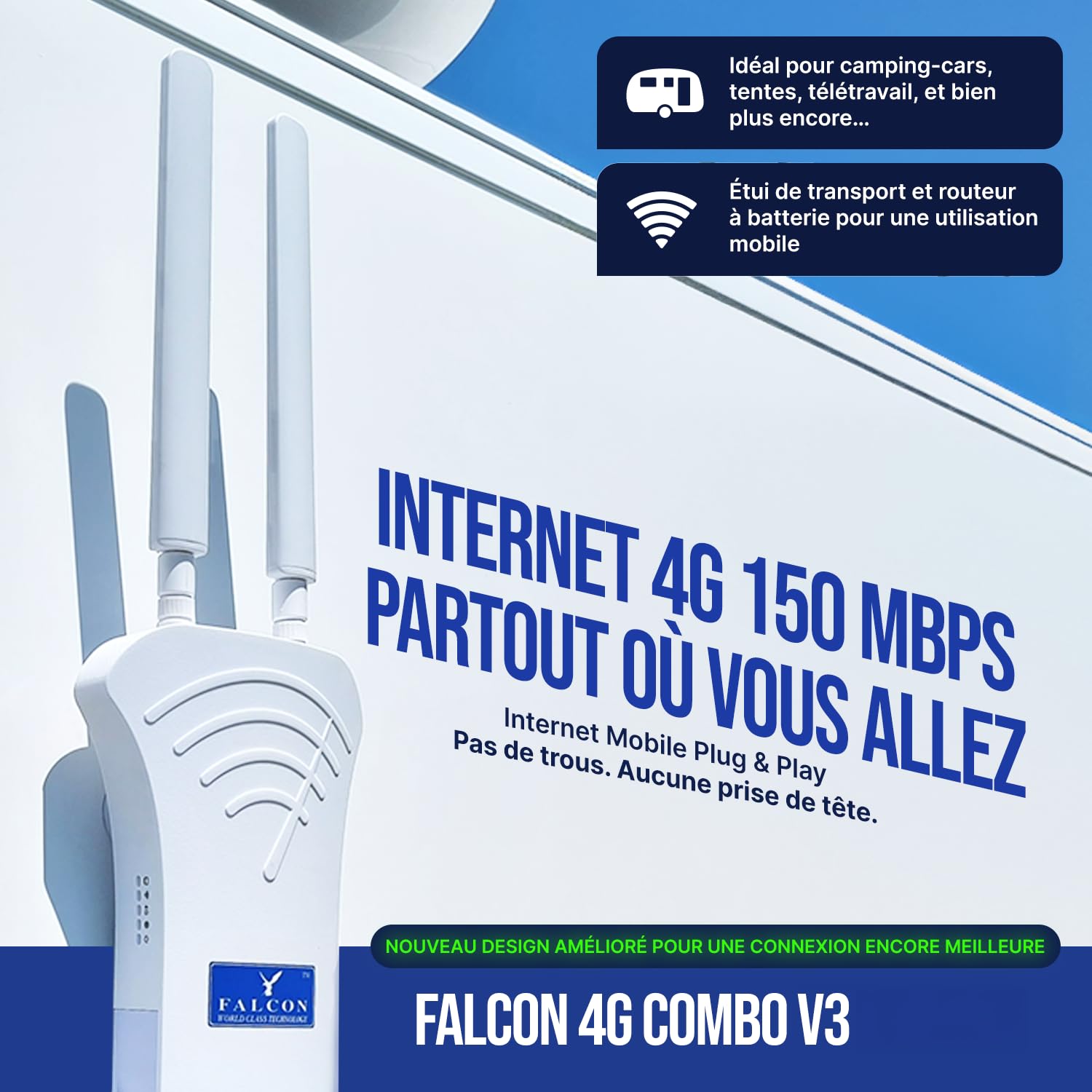 Falcon LTE 4G Combo antenne extérieure, y Compris routeur WiFi 150Mbit intégré et Pack d'accessoires pour Caravane I Camping-Car I Bus I Bateau I Van I Voiture I Camion