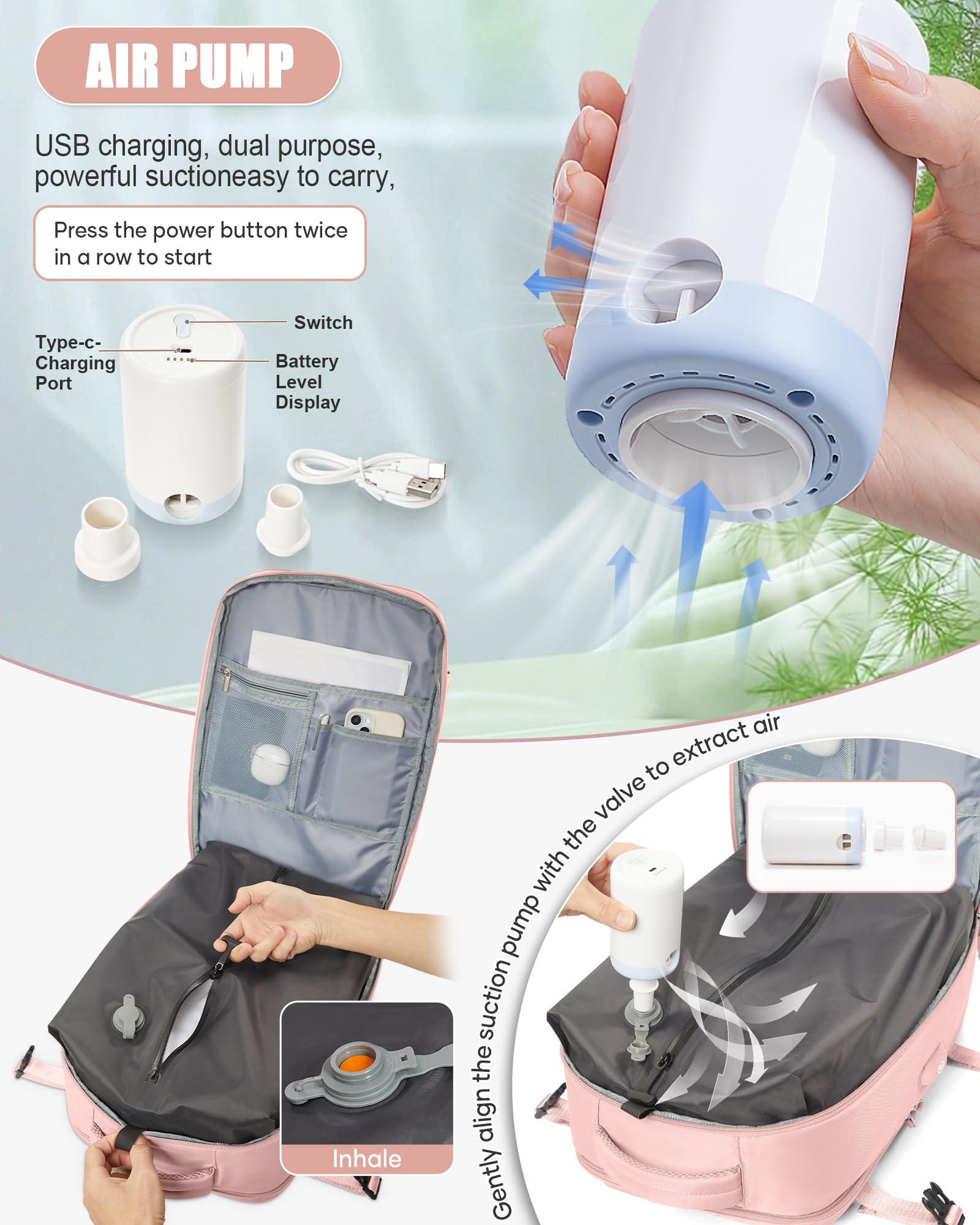 BJLFS Zaino da Viaggio con Sottovuoto Ryanair 40x30x20 Wizzair Bagaglio a mano 40x20x25 Ryanair con Pompa Borse da Cabina per Easyjet 45x36x20 con compressione sottovuoto,Zaino Casual per Laptop