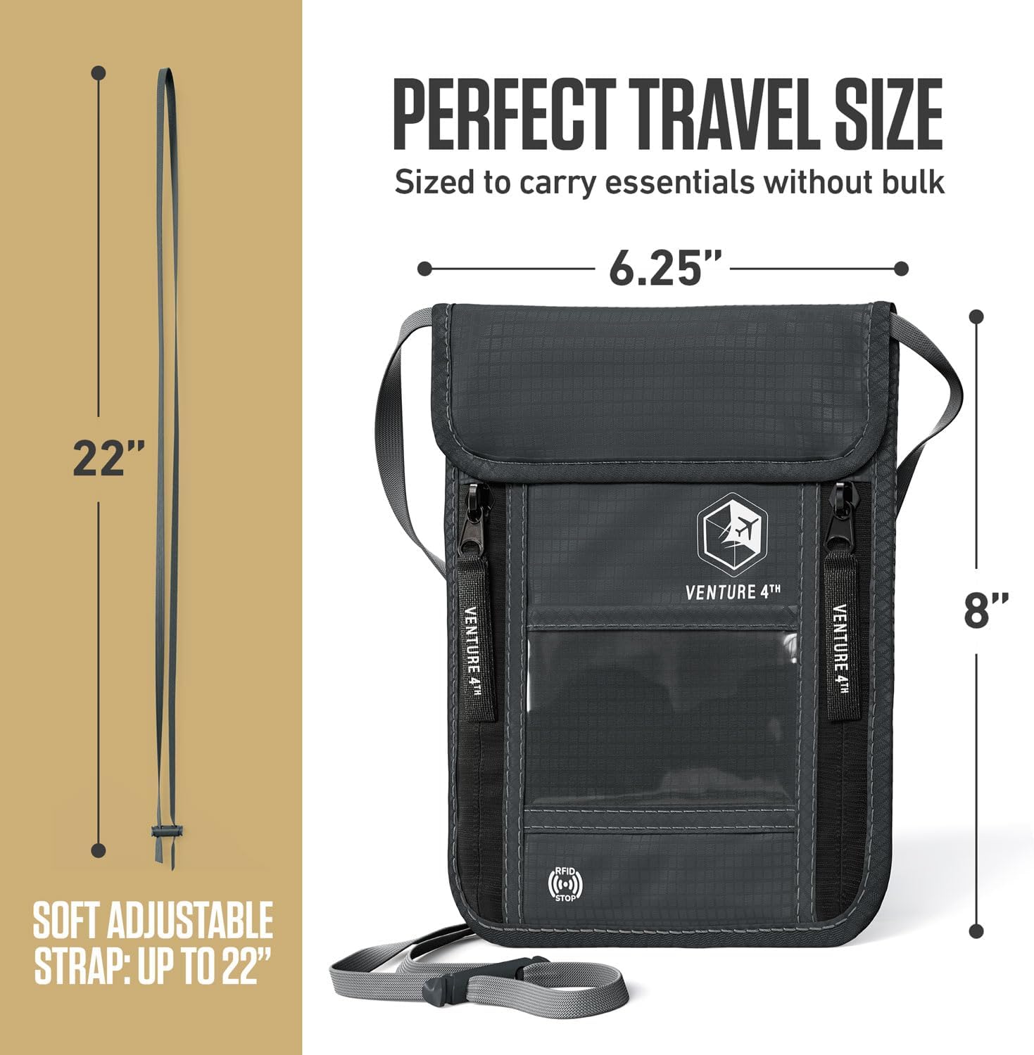 VENTURE 4TH Neck Wallet for Women & Men – RFID Blocking Passport Holder for Travel, Hidden Neck Pouch with 6 Compartments, Slim Lightweight Travel Organizer with Adjustable Strap (Gray) - Image 3