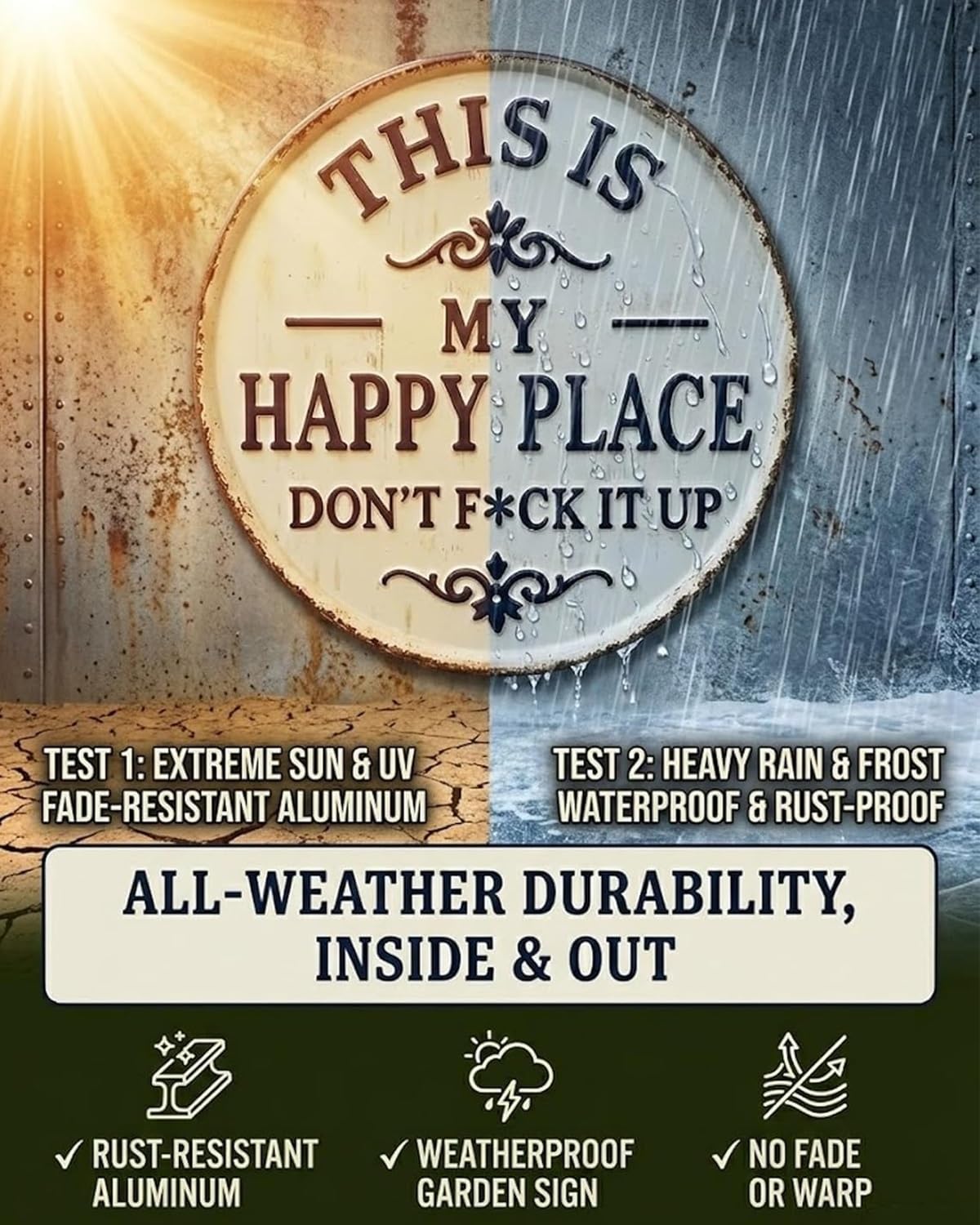 This Is My Happy Place Door Sign Funny Metal Sign Vintage Tin Plaque Dont F*ck It Up Garden Sign Retro Wall Decor for Patio Outdoor Home Bar Humorous Housewarming Gift Rustic Welcome Sign(2pcs,12in) - 2