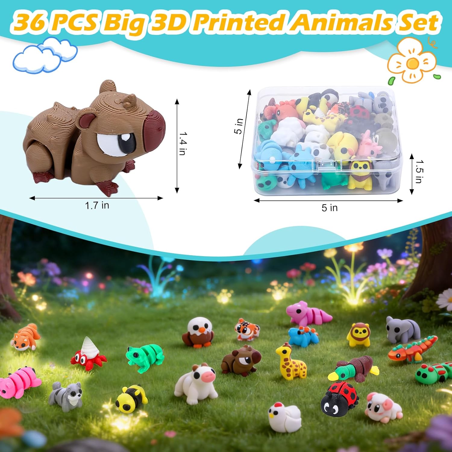 36 PCS 3D Printed Animals Set, Articulated 3D Printed Fidget Animal Toys for Kids Students Classroom Rewards,Party Favors, Easter Christmas Goodie Bag Stuffers, Desk Decor