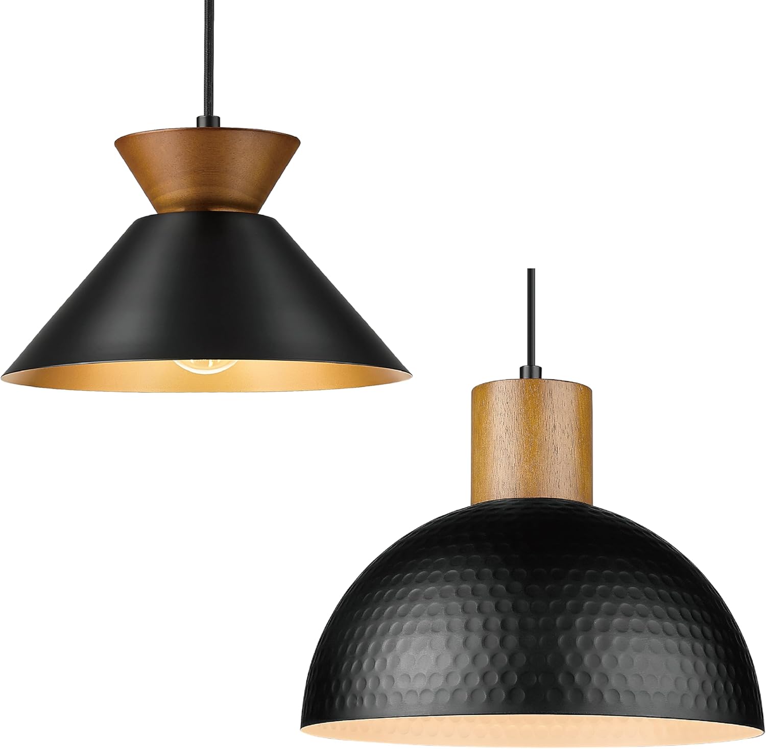 ELYONA Modern Solid Wood Hanging Lamp with Matte Black Metal Shade/Gold Inner Finish & Rubber Wood Dome Hanging Lamp with 12" Hammered Metal Shade for Dining Room, Bedroom, Living Room, Hallway