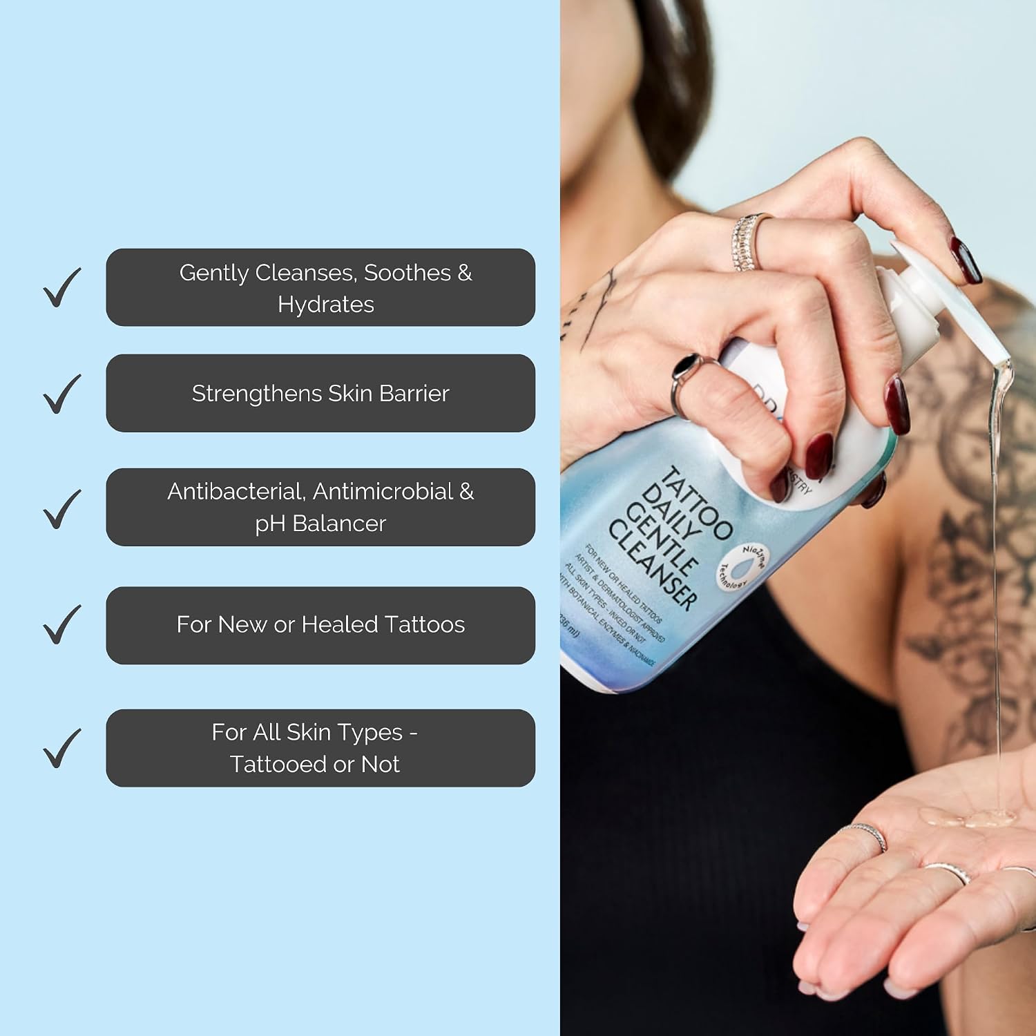 Tattoo Daily Gentle Enzyme Cleanser | Hydrating Skin Cleanser With Niacinamide, Tattoo & Post Procedure Aftercare, 8 oz (2 Pack)