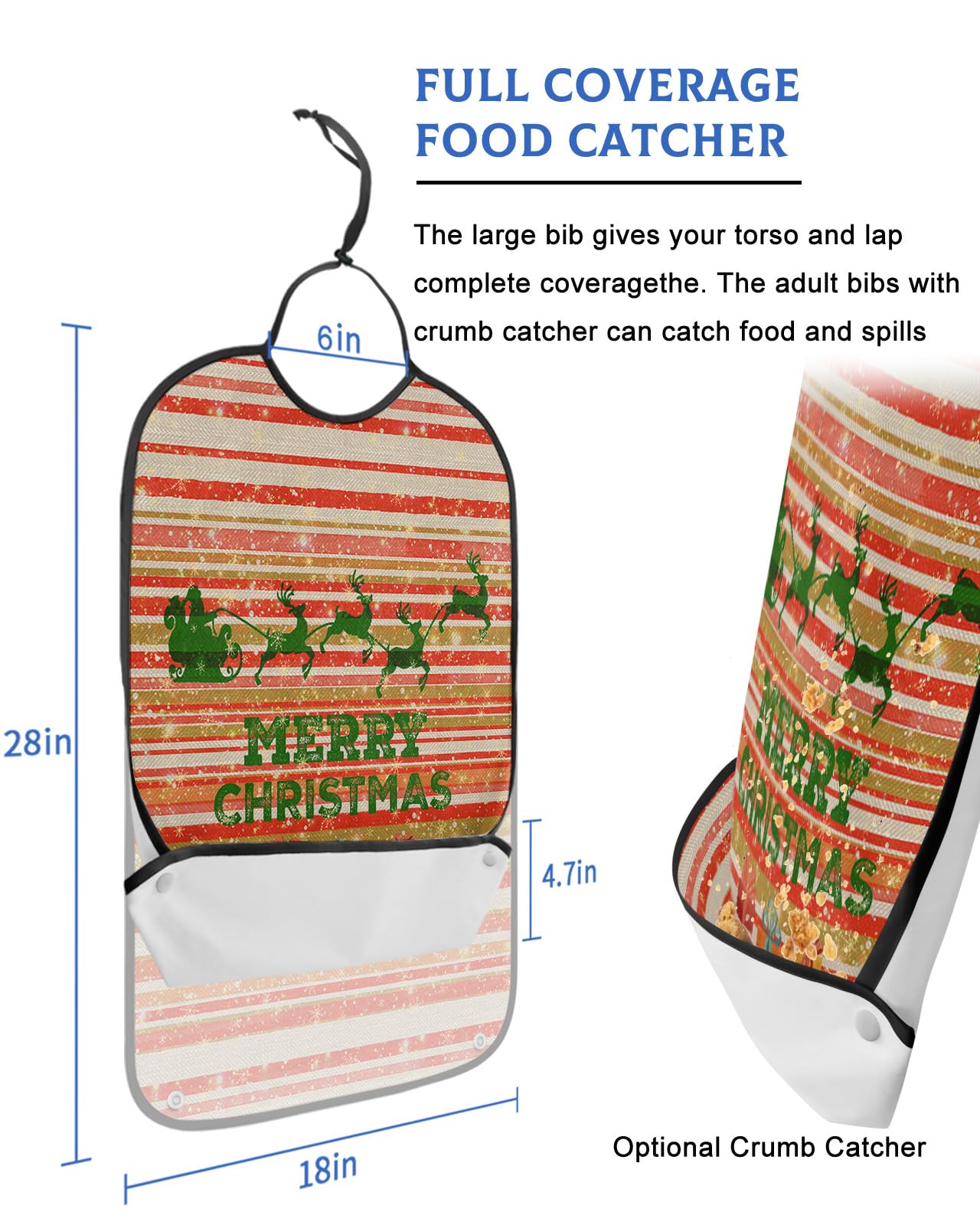 Christmas Sleigh Elk Adult Bib for Adults Men, Women, Washable & Adjustable Terry Cloth Bib with Crumb Catcher Reusable Waterproof Clothing Clothes Protector Apron Red Stripes Gold Snowflake