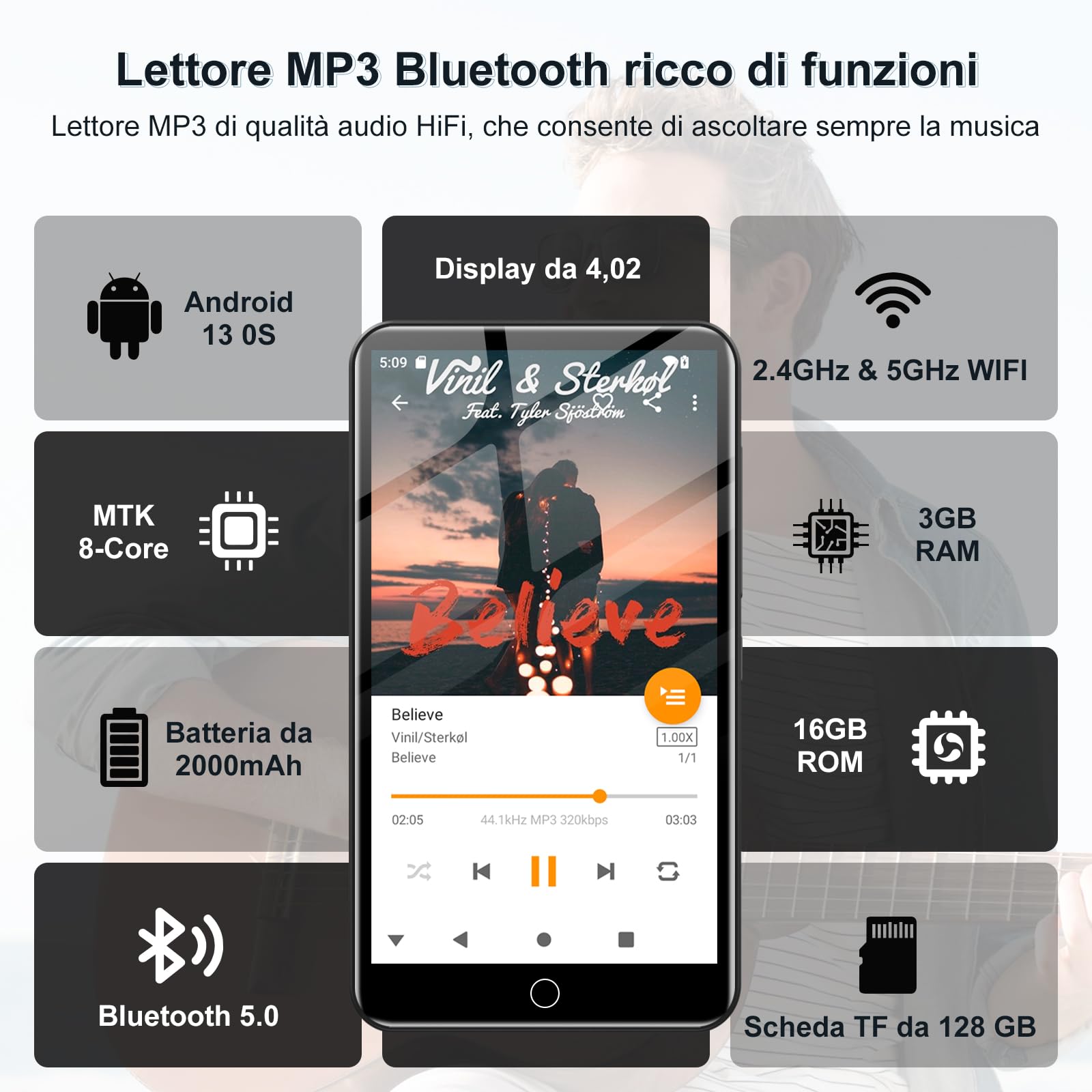 144GB Lettore MP3 Spotify con WiFi e Bluetooth, Lettore MP4 Android per Bambini, Music Player Touchscreen da 4,02 Pollici con Audible, Amazon Music e Play Store