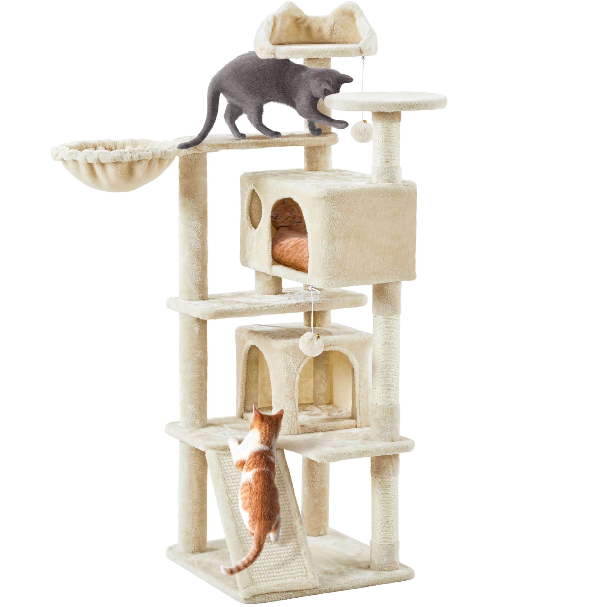 Yaheetech 57 inches Cat Tree for Indoor Cats, Multi-Level Cat Tower w/ 3 Perches, 2 Cat Condos, 2 Hanging Balls and Scratching Posts, Beige