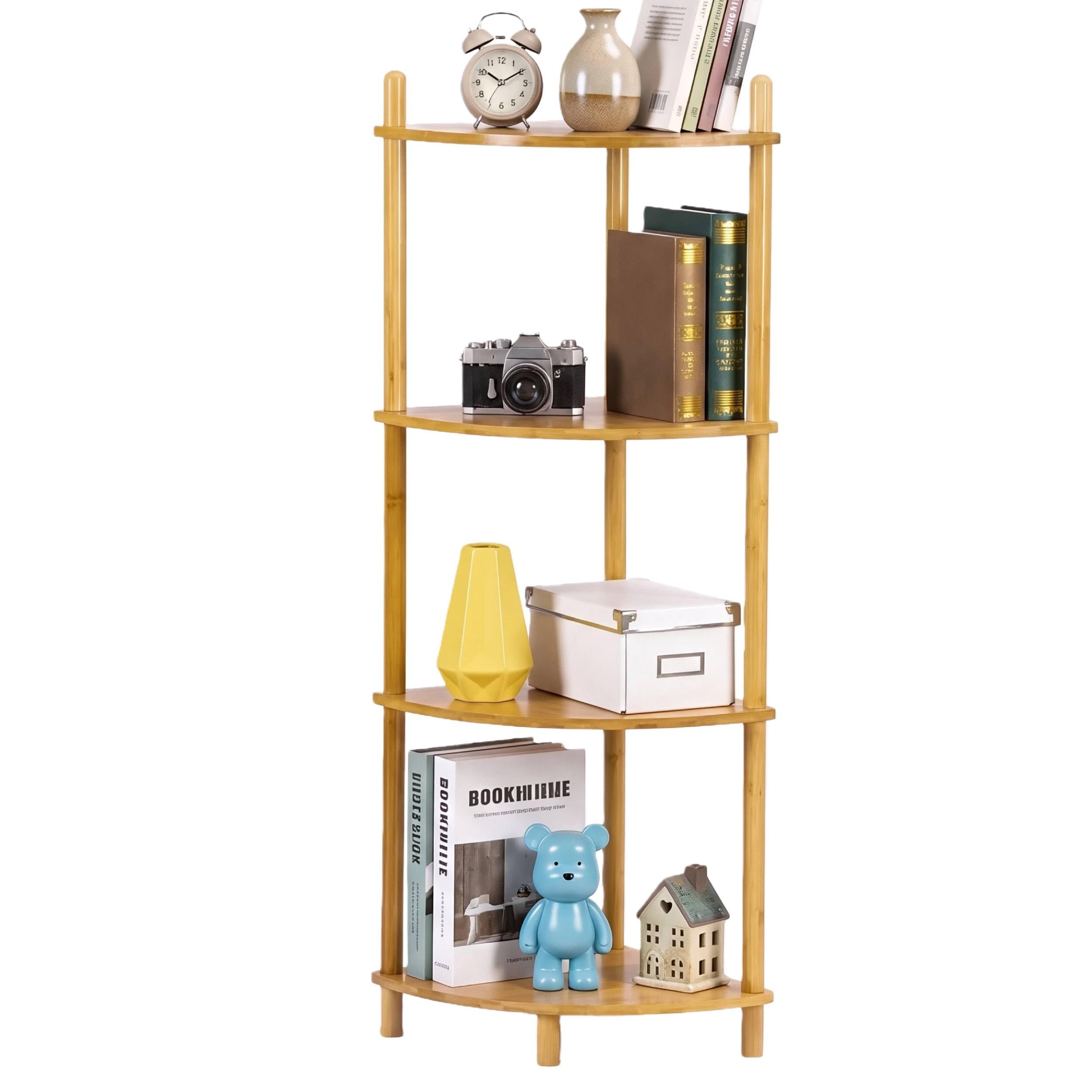 Expandable Bamboo Corner Shelf Stand,Corner Bookshelf, Display Storage Shelves with Open Shelves, for Organization and Storage, Living Room, Home Office, Garage (1, Natural, 4-Tier)
