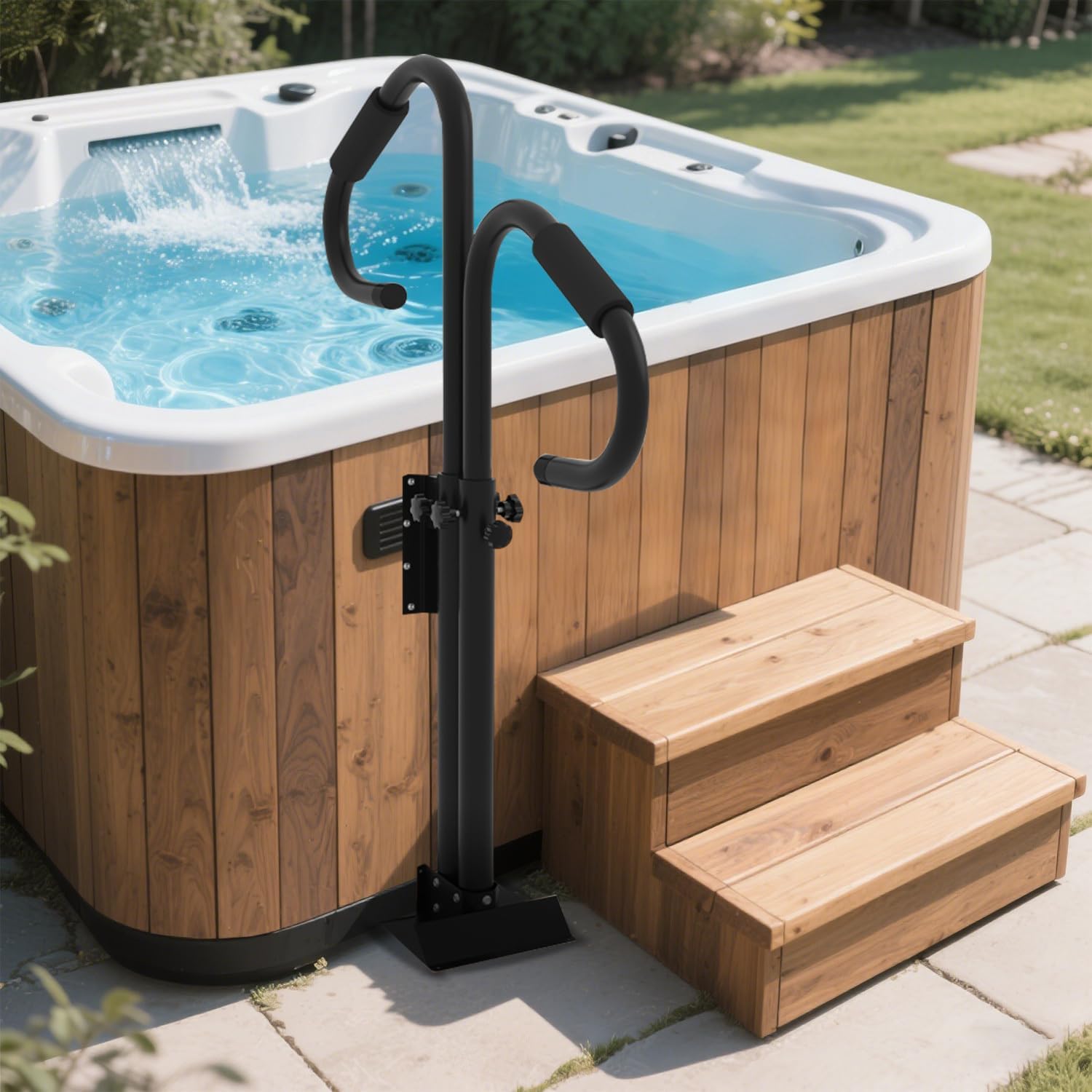 Two-Way Hot Tub Handrails | 38"-58" Adjustable Height Inside and Outside Tub Rail, 360 Rotatable Bears 600Lbs-Rust-proof Hot Tub Railing with Slide-Under Mount Base & Non-Slip Handle, Indoor/Outdoor