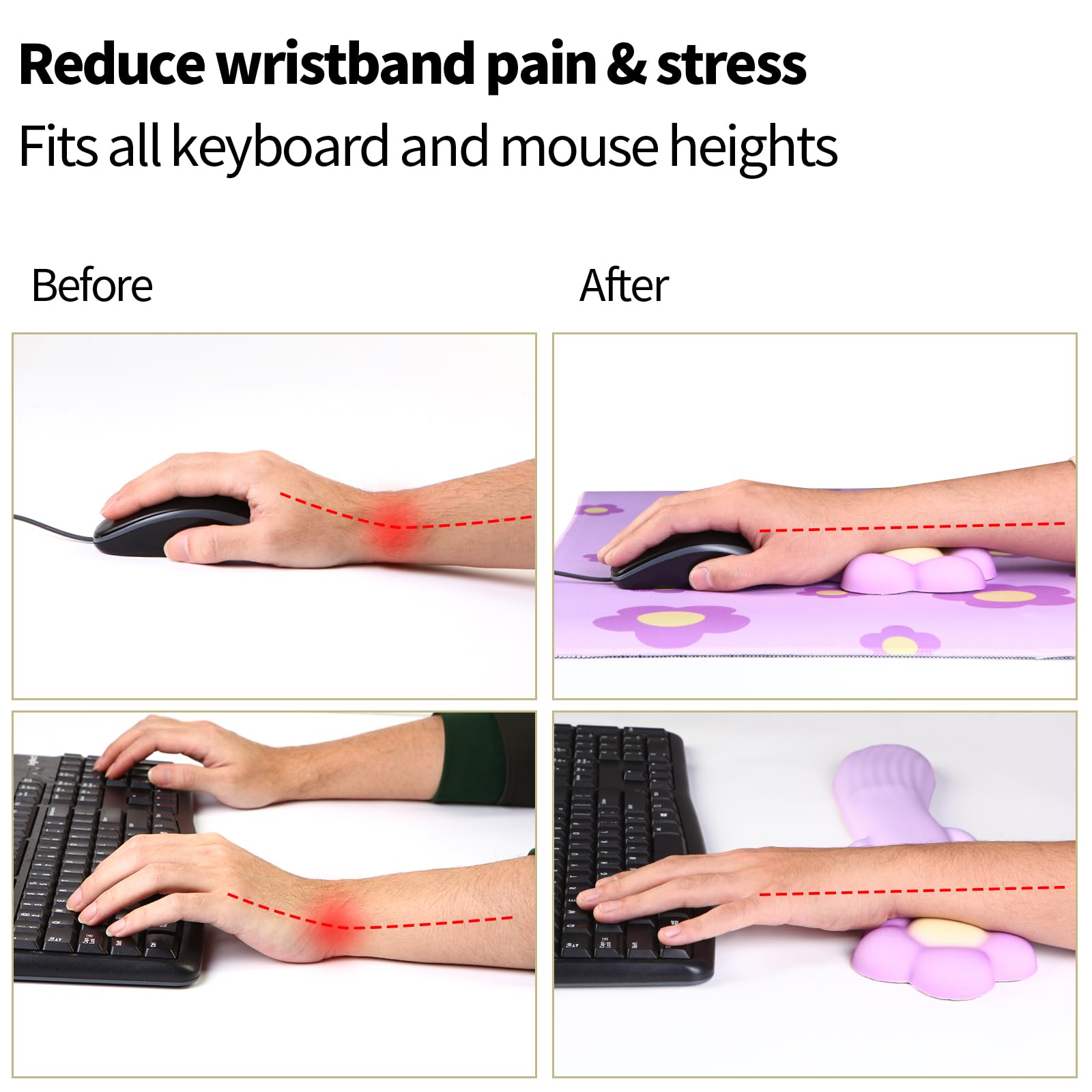 Tappetino per mouse 3 in 1 con motivo floreale e poggiapolsi per tastiera, grande tappetino per mouse da gioco per scrivania, imbottitura ergonomica in memory foam, sollievo dal dolore (viola)