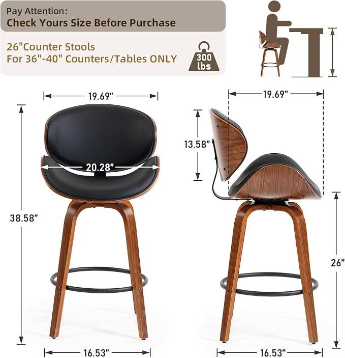 Set de 2 bancos de barra con tapizado de cuero y base de madera nogal miniatura 2