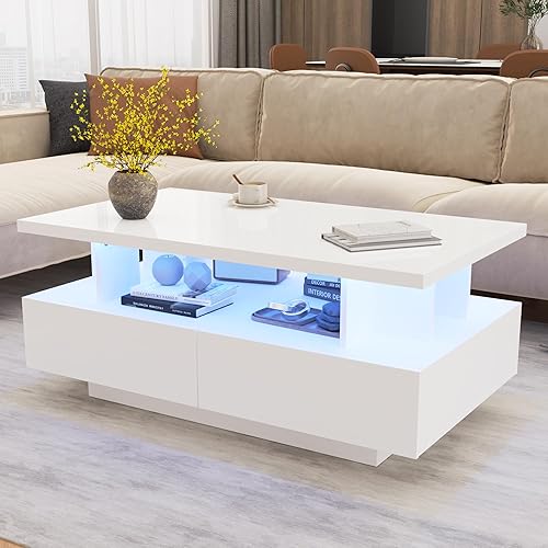 MHOM Mesa de centro LED de 41.3 pulgadas, moderna mesa blanca de alto brillo con 4 cajones, elegante mesa central para sala de estar, oficina y