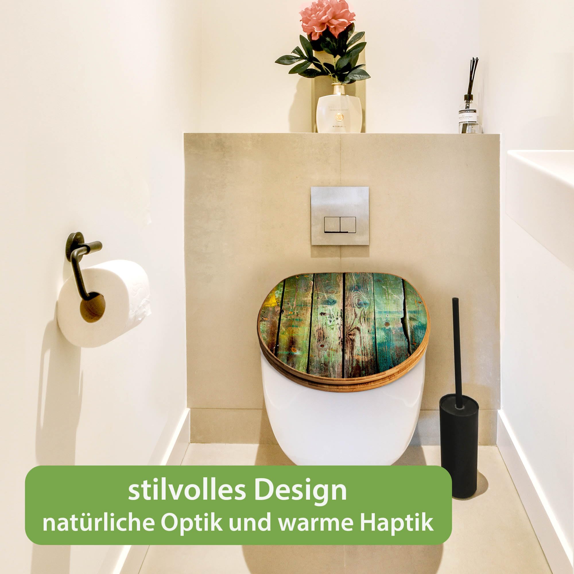 banjado Design WC Sitz Bambus Absenkautomatik 45,8x37,5cm - Toilettendeckel mit Absenkautomatik Holz - hochwertiger Bambus Klodeckel - WC-Sitz für gängigen Toiletten - Motiv Grünes Holz