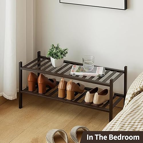 Miniatura 5 de Zapatero de bambú de 2 niveles para entrada, apilable, resistente, multifuncional, zapatero independiente para dormitorio, pasillo, armario