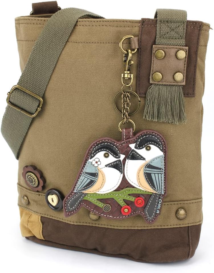 CHALA Patch Cross-Body Women Handbag, Canvas Messenger Bag - Chickadee - Olive