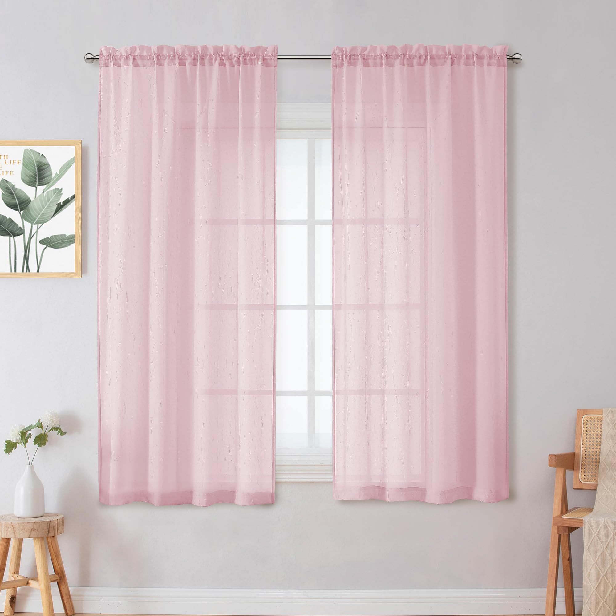 Chyhomenyc Crushed Sheer Curtains 54 Inch Length 2 Panels, Crinkle Voile Light Filtering Short Sheer Curtains for Bedroom Living Room, Each 42Wx54L