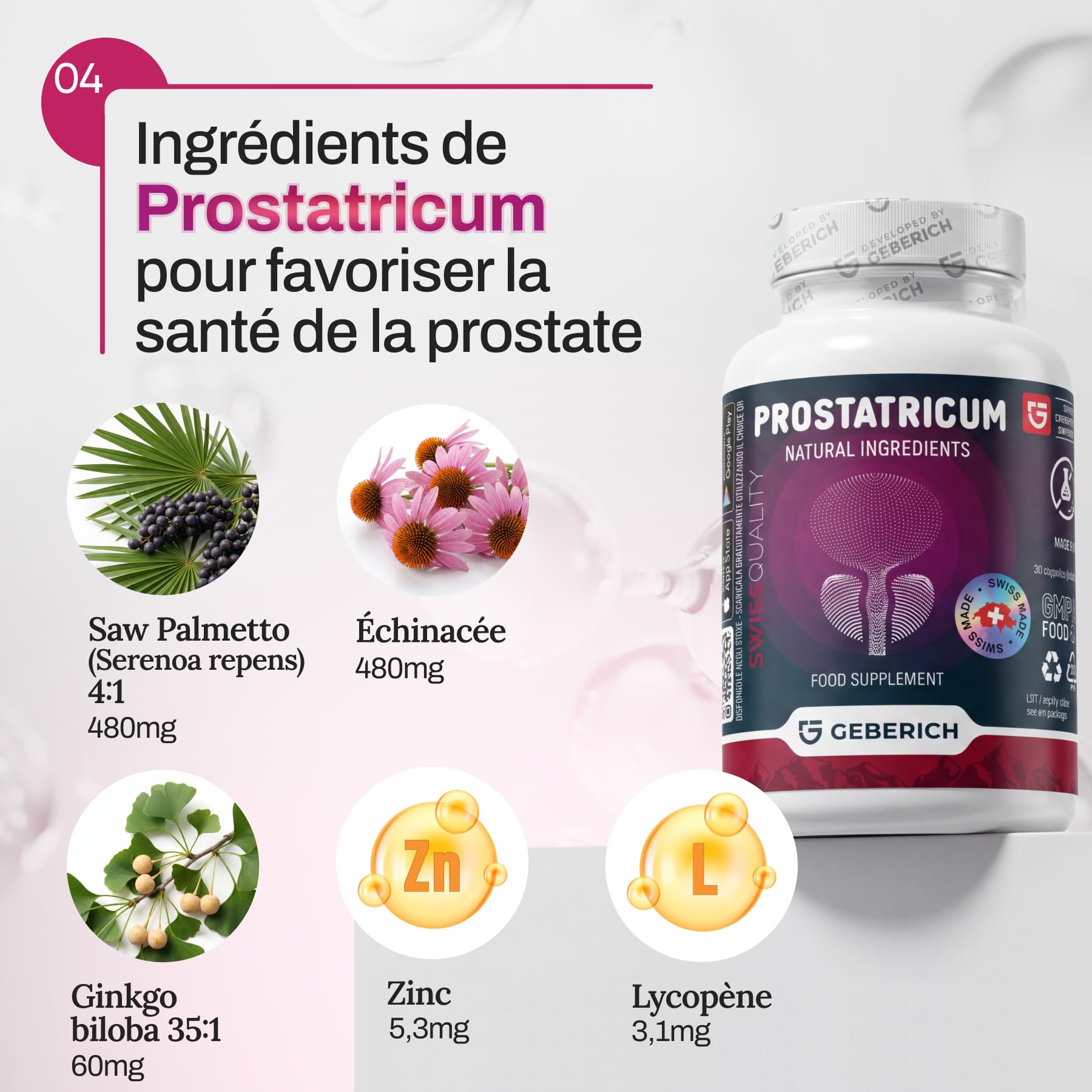 Gélules PROSTATRICUM | Soutien des Voies Urinaires | Serenoa repens 480 mg + Échinacée 480 mg | Soutien de la Prostate | avec Ginkgo Biloba, Lycopène et Zinc | 30 Gélules