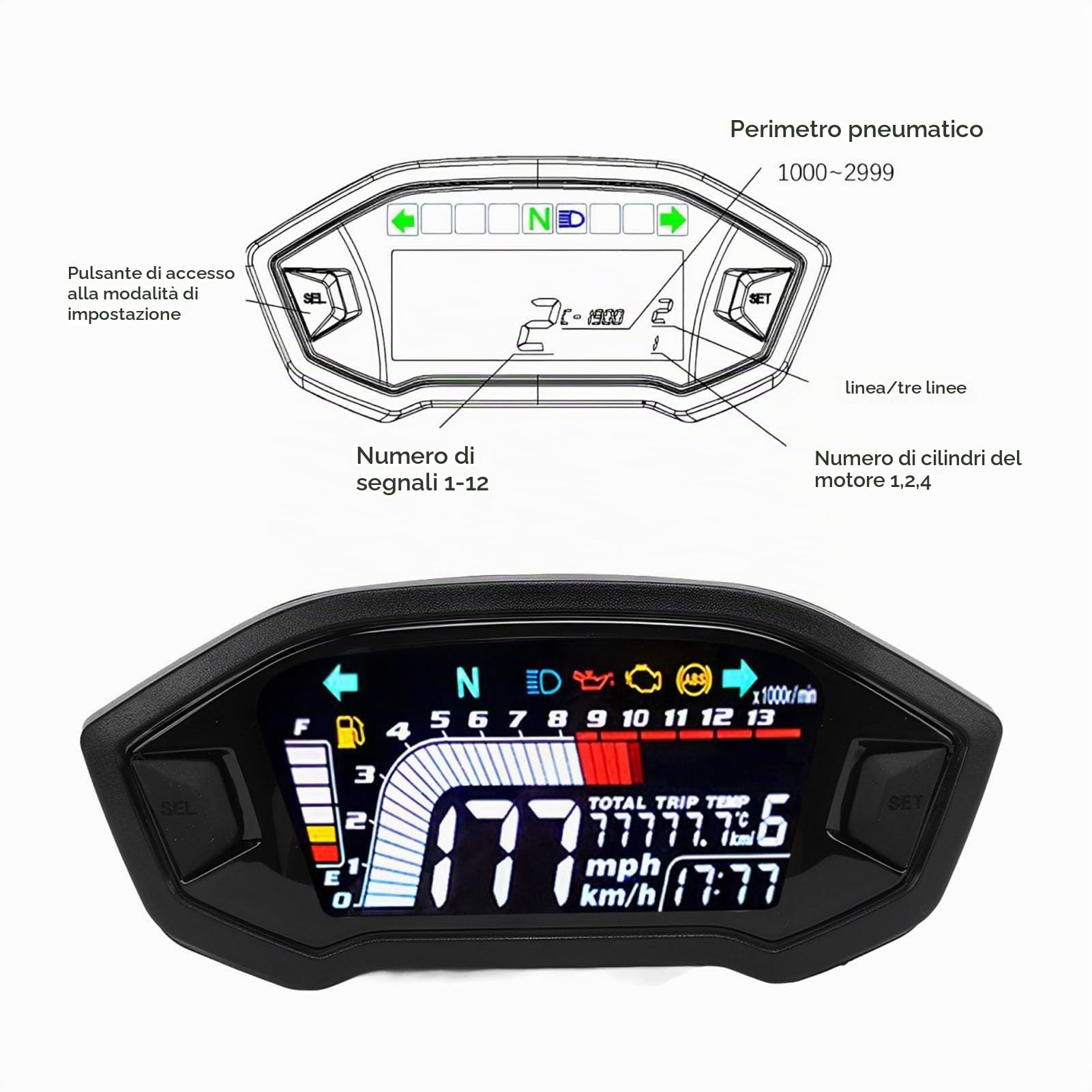 Tachimetro Digitale per Moto Contagiri Contachilometri per Moto Universale 8-12 V con Display Trasparente Adatto per 1 2 4 Cilindri (Con sensori)