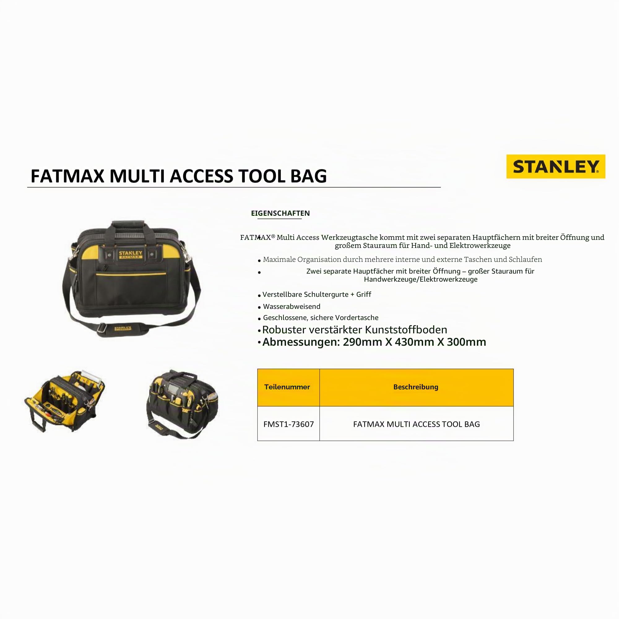 STANLEY FatMax Werkzeugtasche mehrzeitig zugängliche Tasche, mit zwei großen Verstaumöglichkeiten für Hand und Elektrowerkzeug, freistehend, bis 25 kg belastbar - FMST1-73607