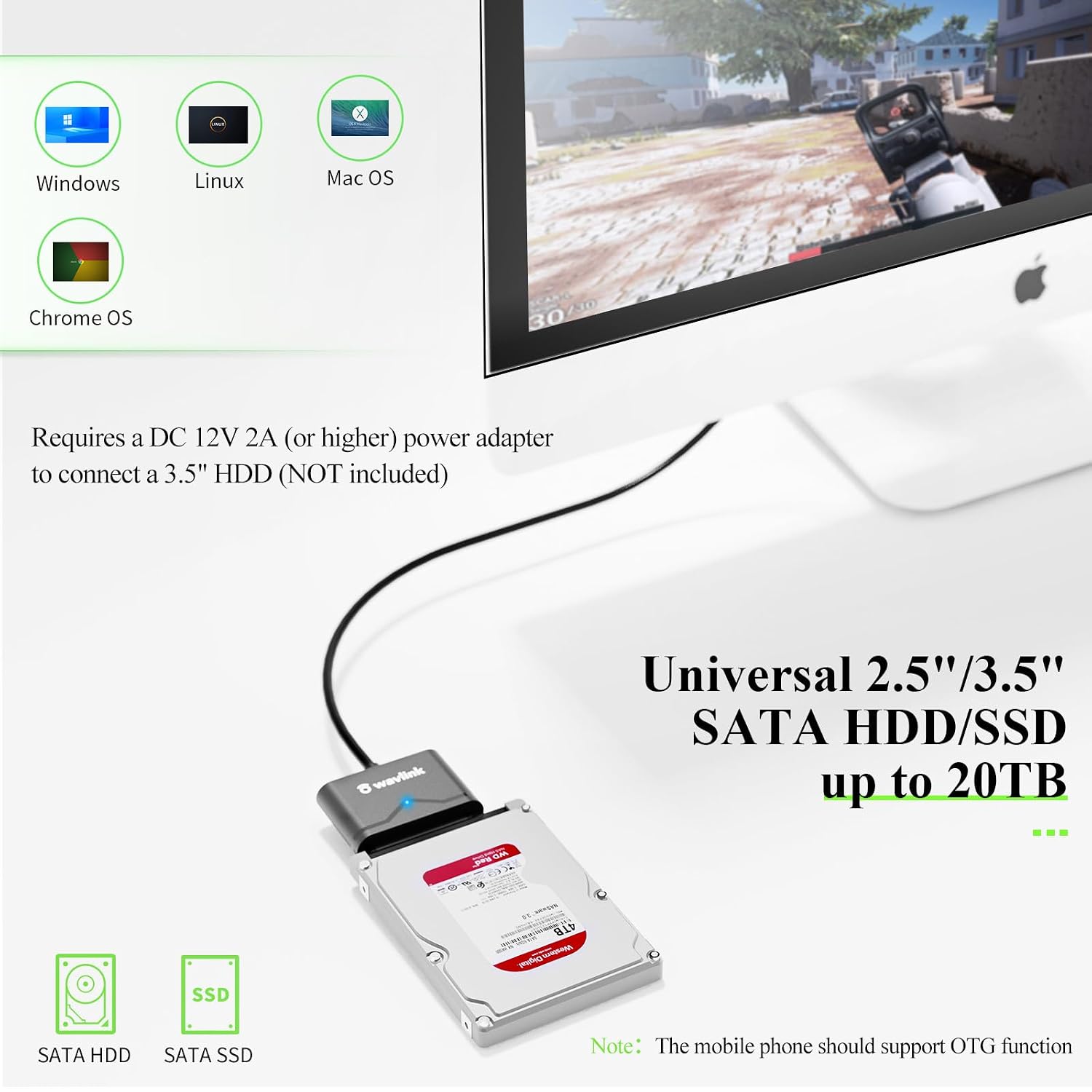 WAVLINK SATA to USB Type-A Hard Drive Cable, 5Gbps USB3.0 to Sata Cable Support UASP, External Hard Drive SATAI/II/III Connector 2.5" SSD/HDD and 3.5" HDD up to 20TB