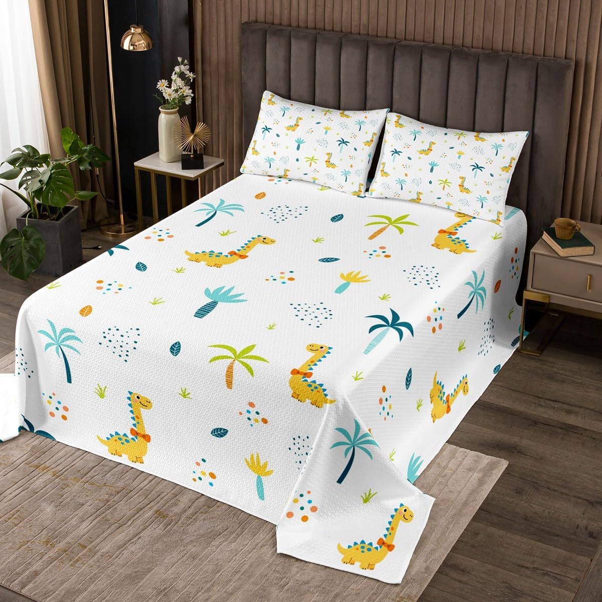 Homewish Cute Dinosaur Bedspread Twin Size Cartoon Wild Animals Bedding Quilt Palm Tree Leaves Colorful Dots Coverlet Set for Kids Girls Boys Teens Room Decor Tropical Plants Boho Comforter Set 2Pcs