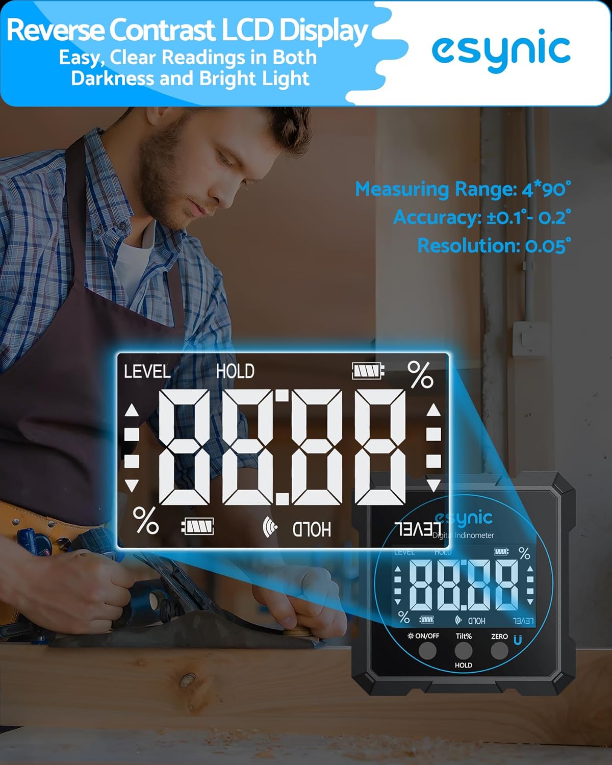 Close-up of eSynic Digital Angle Finder display showing 0.00 degrees