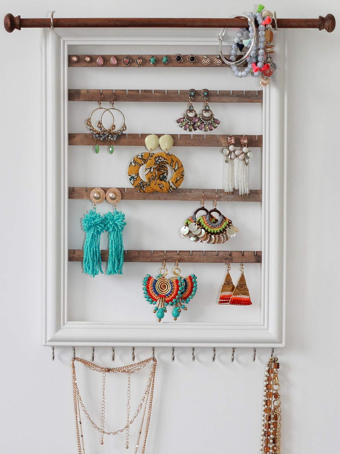 Mymazn Wood Wall Mounted Jewelry Organizer Rustic Stud Earring Hanger for Women, Girls | Wooden Jewelry Holder Display with Removable Bracelet Rod and Hook for Necklaces (White)