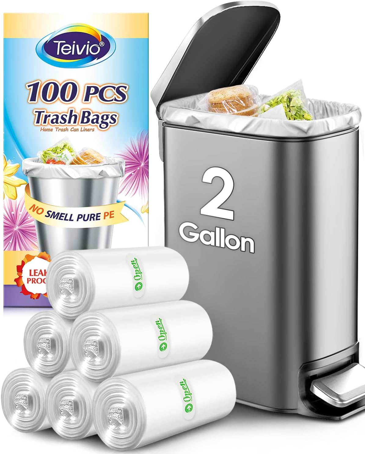 2 Gallon 100 Counts Strong Trash Bags Garbage Bags by Teivio,Small Waste Basket Liners,Bathroom Trash Can Bin Liners, Plastic Bags for home office kitchen Car, Clear