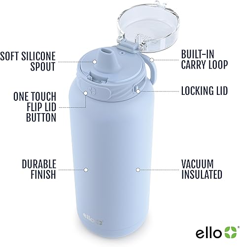 Miniatura 3 de Ello Cooper - Botella de agua de acero inoxidable aislada al vacío con popote suave y asa de transporte, doble pared, a prueba de fugas, azul
