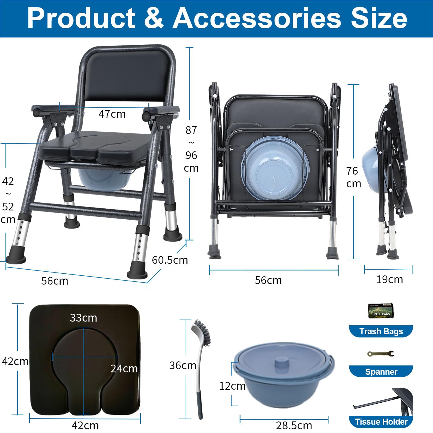 Sedia Comoda WC per Anziani | Sedia WC per Anziani Pieghevole e Regolabile in Altezza a 5 Livelli, Comoda per Anziani Portatile, Sedia da Toilette per Disabili, Carico Massimo 200 kg