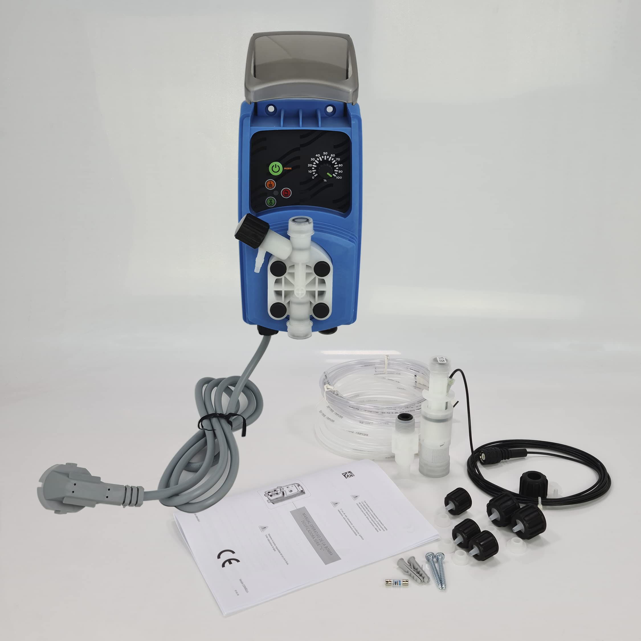 Bomba dosificadora de impulsos electromagnética de membrana con sonda de nivel, caudal constante. Hasta 6 L/H. 7 Bares de presión. Para su uso en piscinas, saunas, autolavados.