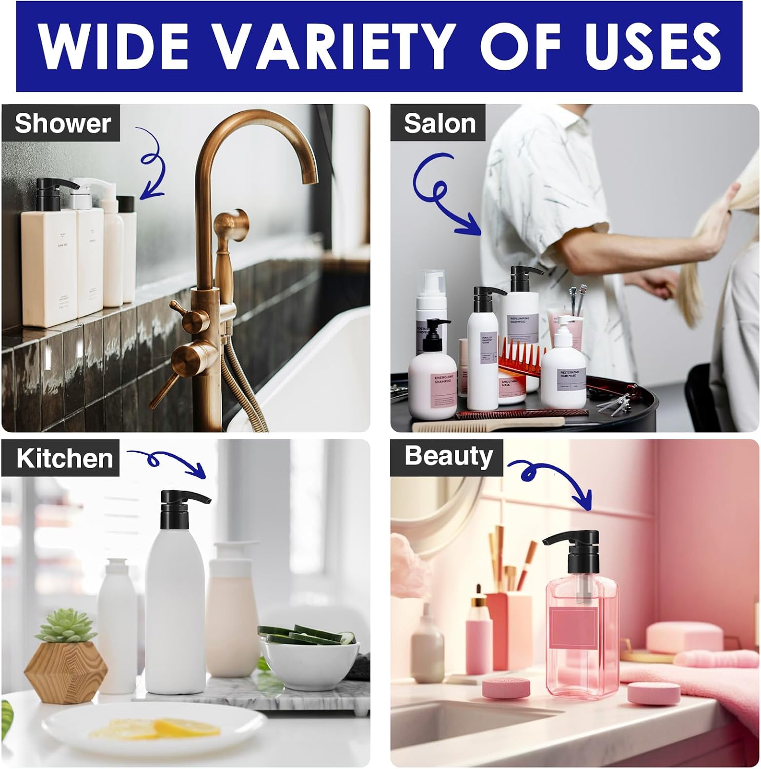 2pcs Shampoo Pump for Liter 33.8 oz Shampoo and Conditioner Bottle Pump Dispenser Fits Salon Bottles with 1.1 inch Opening, Black & White Replacement Pump Top for Soft Hair Product,Body Wash,Lotion