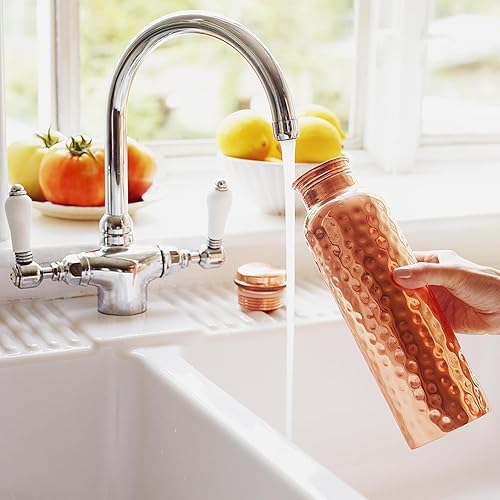 Miniatura 2 de Craft Trade Paquete de 2 botellas de cobre puro con tapa y bolsa de transporte para agua potable, sin BPA, a prueba de fugas, aumenta la inmunidad,